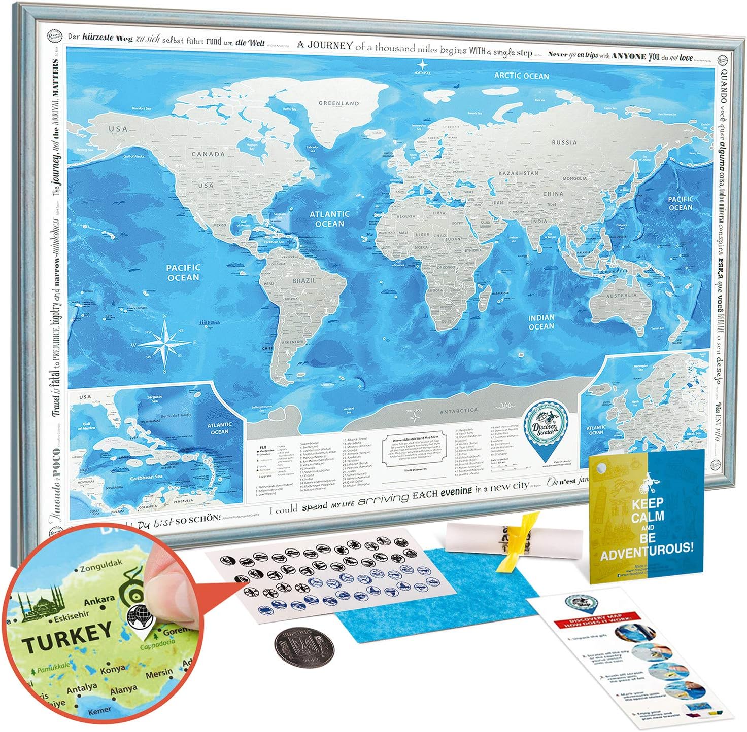 Scratch Off Map World in Tube (Silver Scratch Off Map of The World XL 34.7"x24.4"_ Blue Frame)