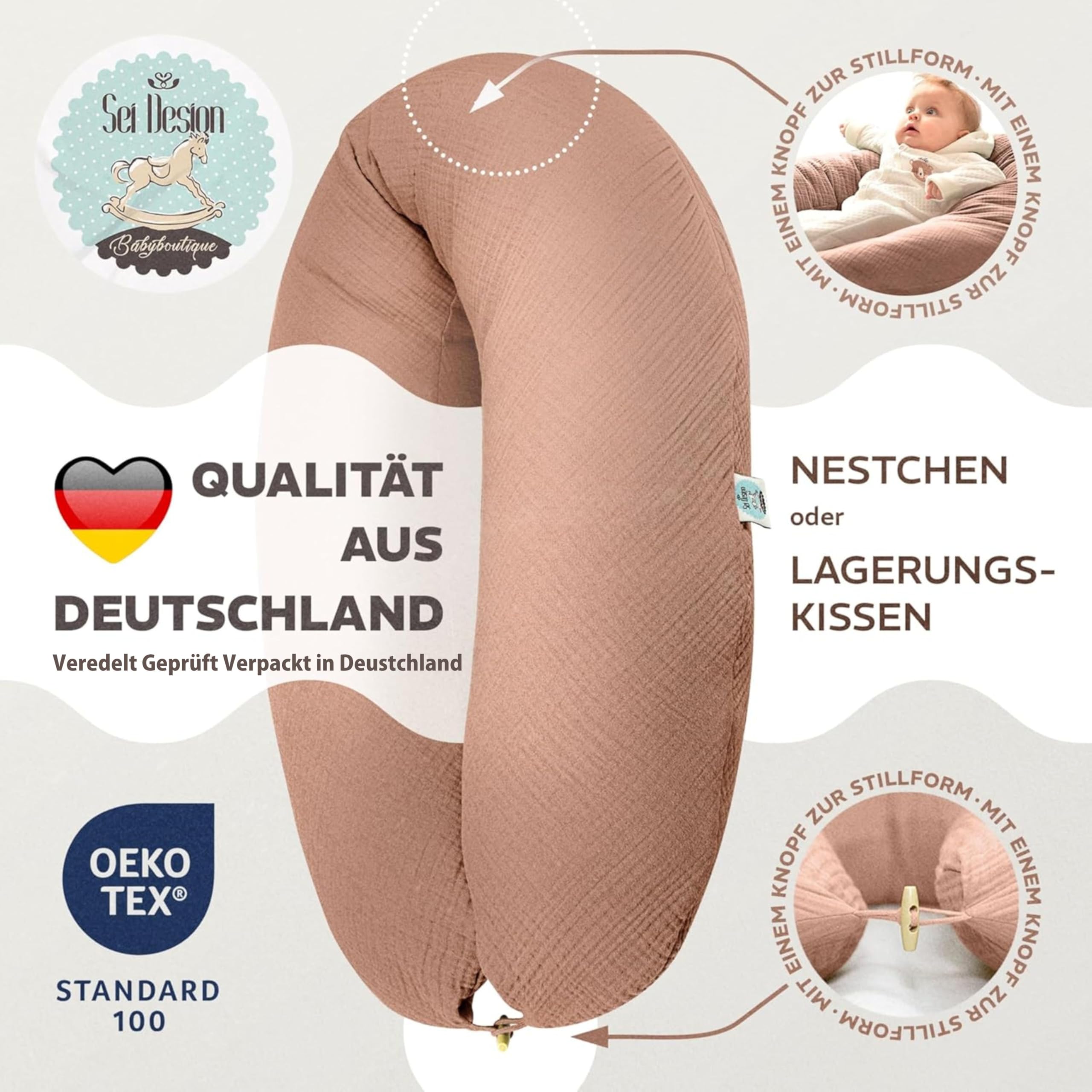 Sei Design Cojín de Lactancia para Embarazo, Certificado Ökotex, Relleno extrasilencioso, Funda 100% algodón, extraíble, XXL, 190 x 30 cm