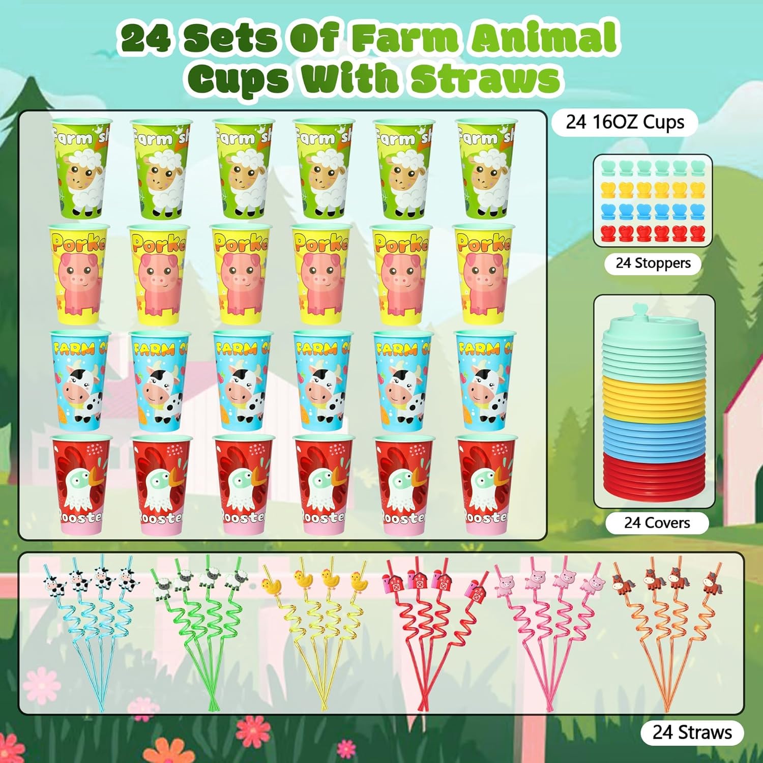 AFZMON 24 Sets Farm Animal Party Favors Goodie Cups With Lids and Silly Straws Bulk, Farm Birthday Decorations for Kids Barnyard Bags Stuffers Gifts - Image 7