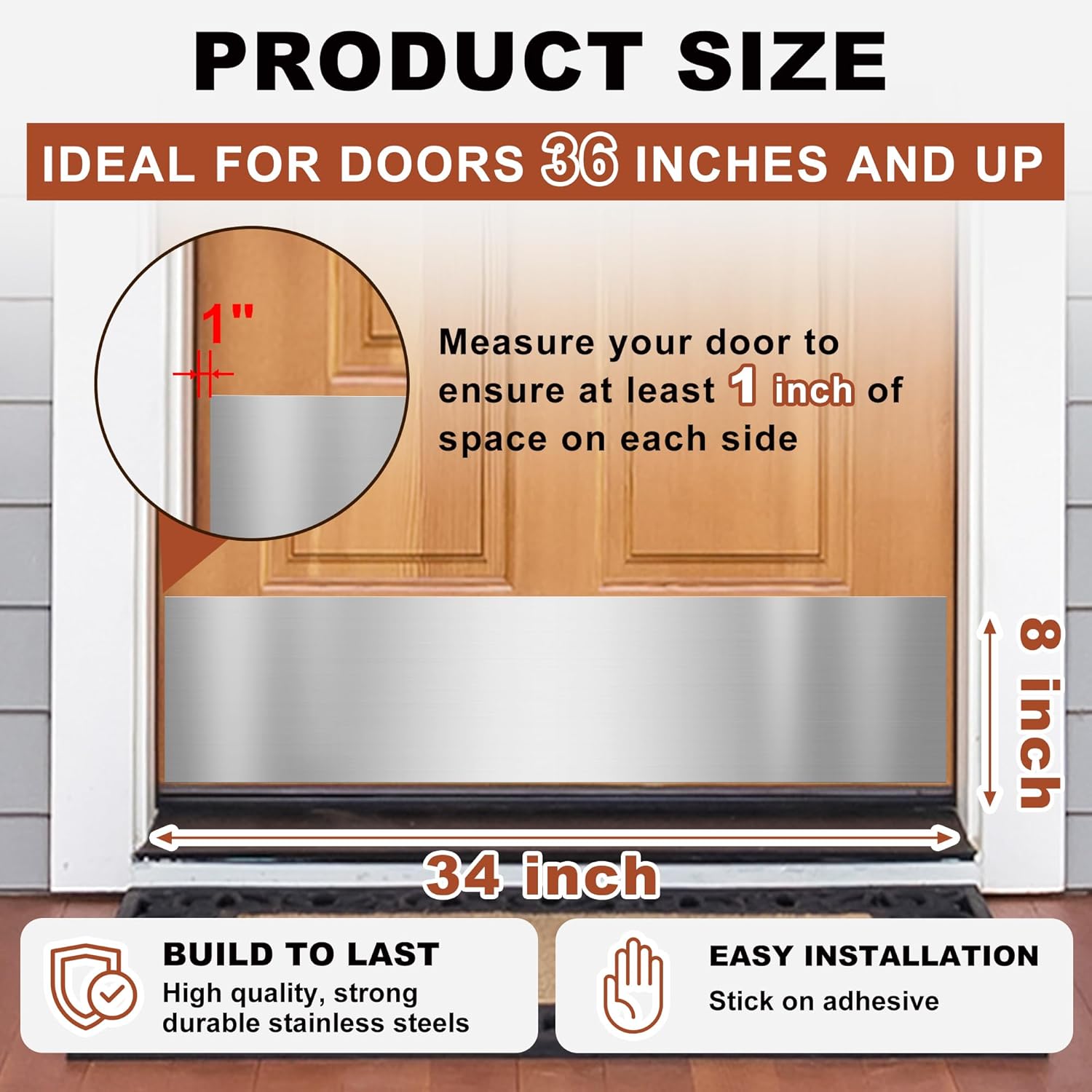 4 PCS 8" x 34" Self Adhesive Door Kick Plate for Bottom of Door, Stainless Steel Front Door Kick Plates, Kickplates for 36" Door Interior and Exterior (Brushed Silver) 4 PCS Brushed Silver