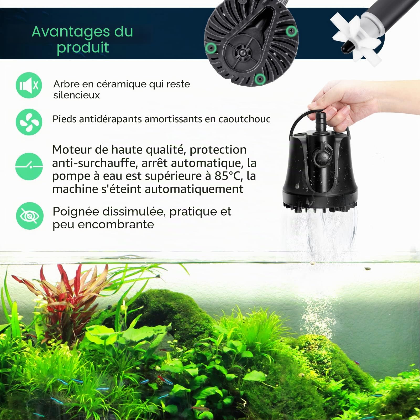 AQQA Pompe à eau submersible , pompe de fontaine ultra-silencieuse de 2500 L/H, étang d'aquarium à grande hauteur de 8,9 pi