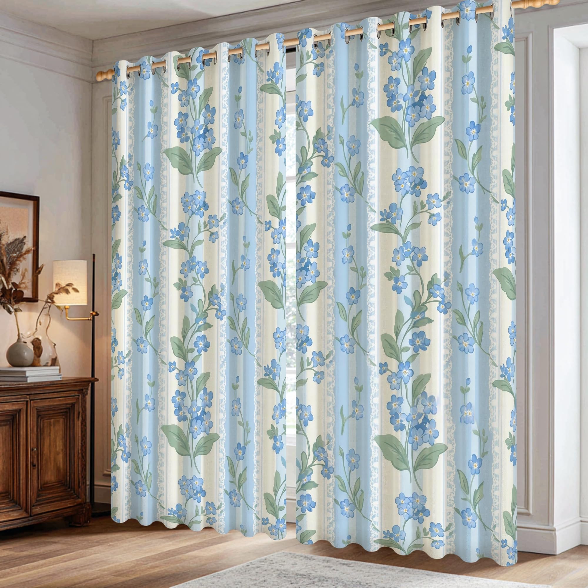 Rideaux occultants thermiques anti-froid bleu floral pour obscurité totale du salon
