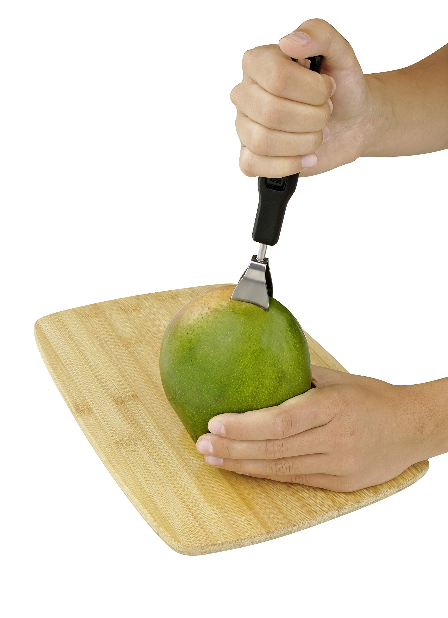 Fackelmann Mangogabel 21 cm, hoogwaardige keukenhulp met functioneel deel van verenstaal, kinderlijk eenvoudig opspiesen en vasthouden van mango, schoon werken gegarandeerd (kleur: zwart/zilver