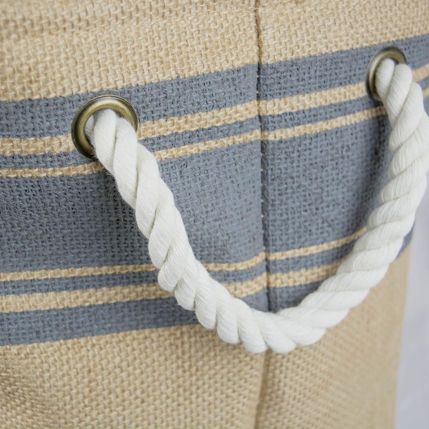 DII Burlap Collapsible Storage Bin with Cotton Handles, Small Round, 12x9, Gray Border