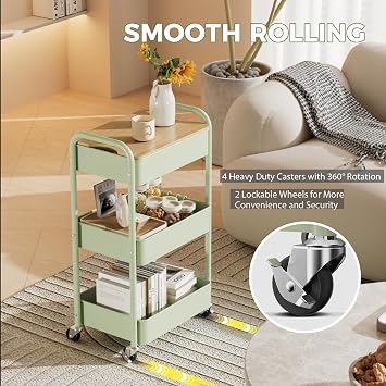 3 Tier Rolling Cart with Table top, Metal Rolling Utility Cart on Wheels, Sturdy Storage Organizer Cart with Hooks for Office, Classroom, Kitchen and Bathroom (Green)