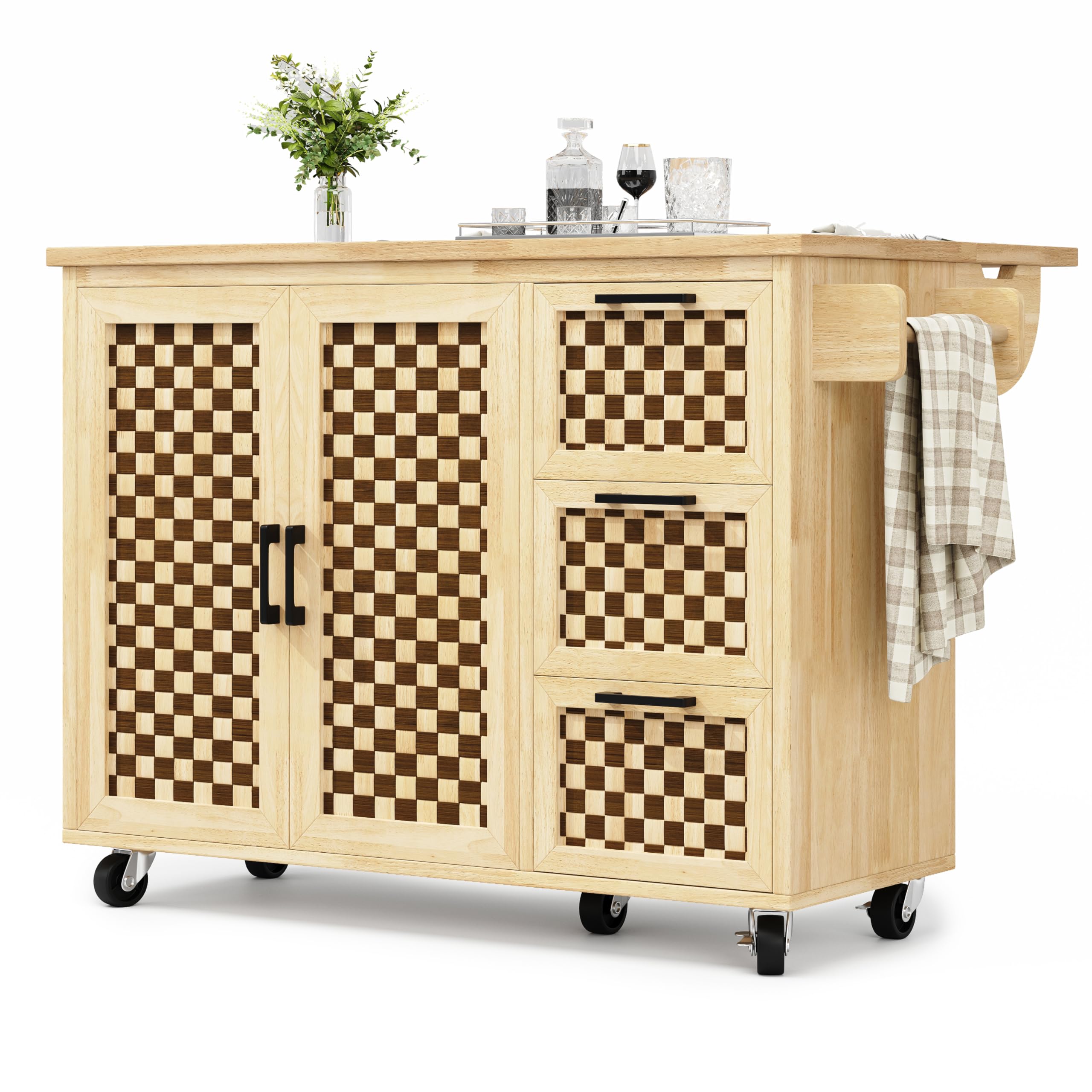 Kücheninsel auf Rollen 120x45x92 cm mit Klapptisch, 3 Schubladen, 2 Türen, verstellbaren Einlegeböden, Handtuchhalter, Buffetschrank & Servierwagen im Holzmaserung-Schachbrett Design