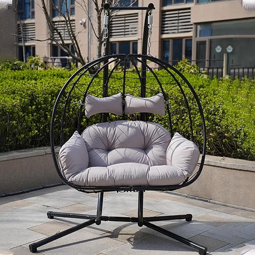 Miniatura 8 de Silla doble con soporte para patio con cojín para exteriores, impermeable, colgante, cesta de ratán de mimbre (color gris doble) Gris2,Negro