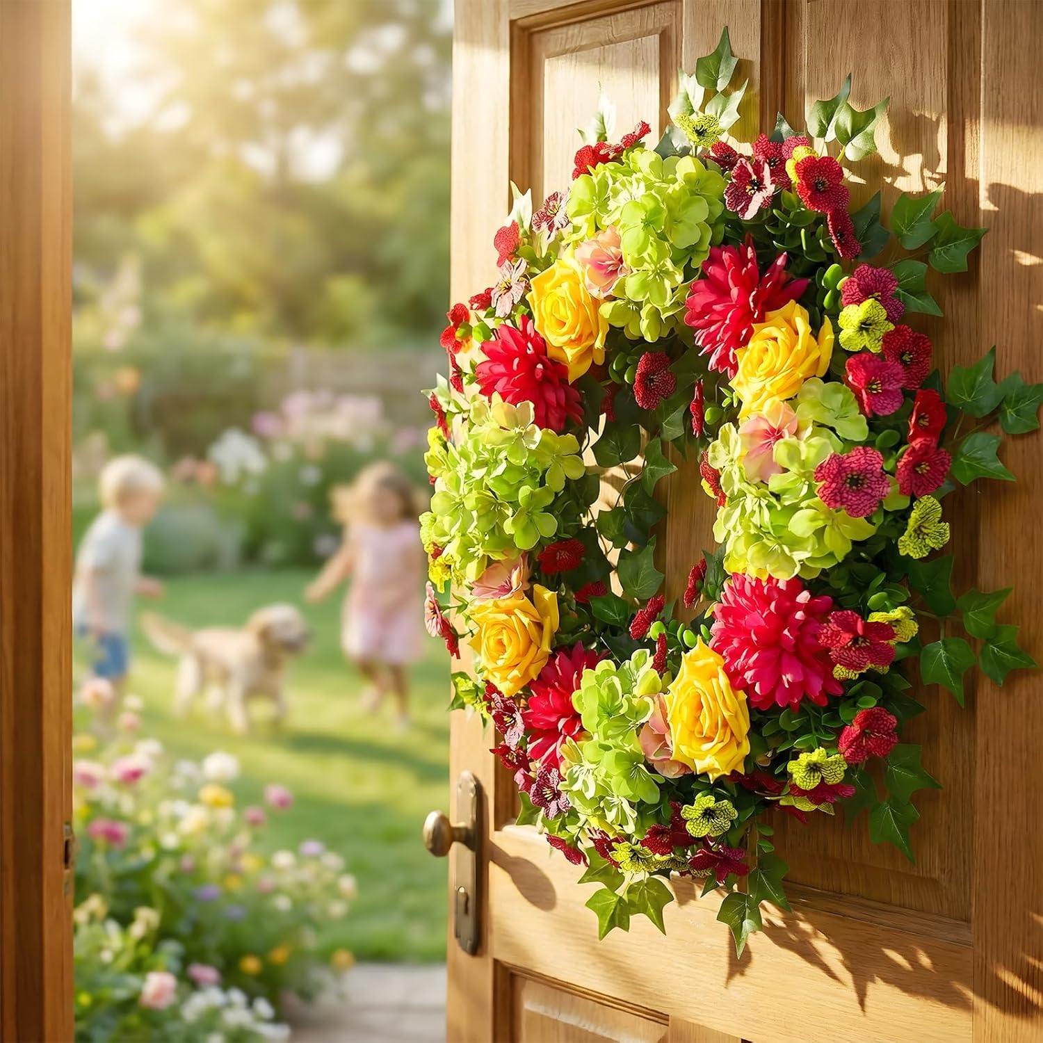 MARTINE MALL Spring Wreaths for Front Door 24 Inch Large Spring Summer Door Wreath Vibrant Colorful Hydrangea Rose Wreaths Artificial Flower Wreath for Indoor Outdoor Wall Farmhouse Porch Window Decor