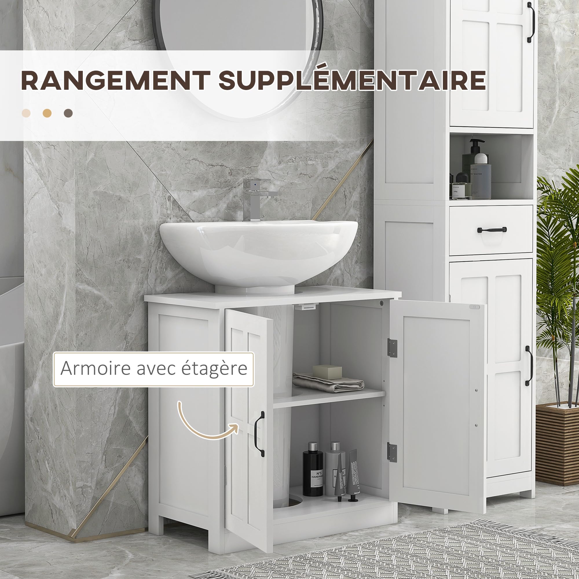 kleankin Meuble sous lavabo Salle de Bain Meuble sous Vasque Armoire de Rangement pour lavabo avec Double Porte et étagère réglable, 60 x 30 x 60 cm, Blanc