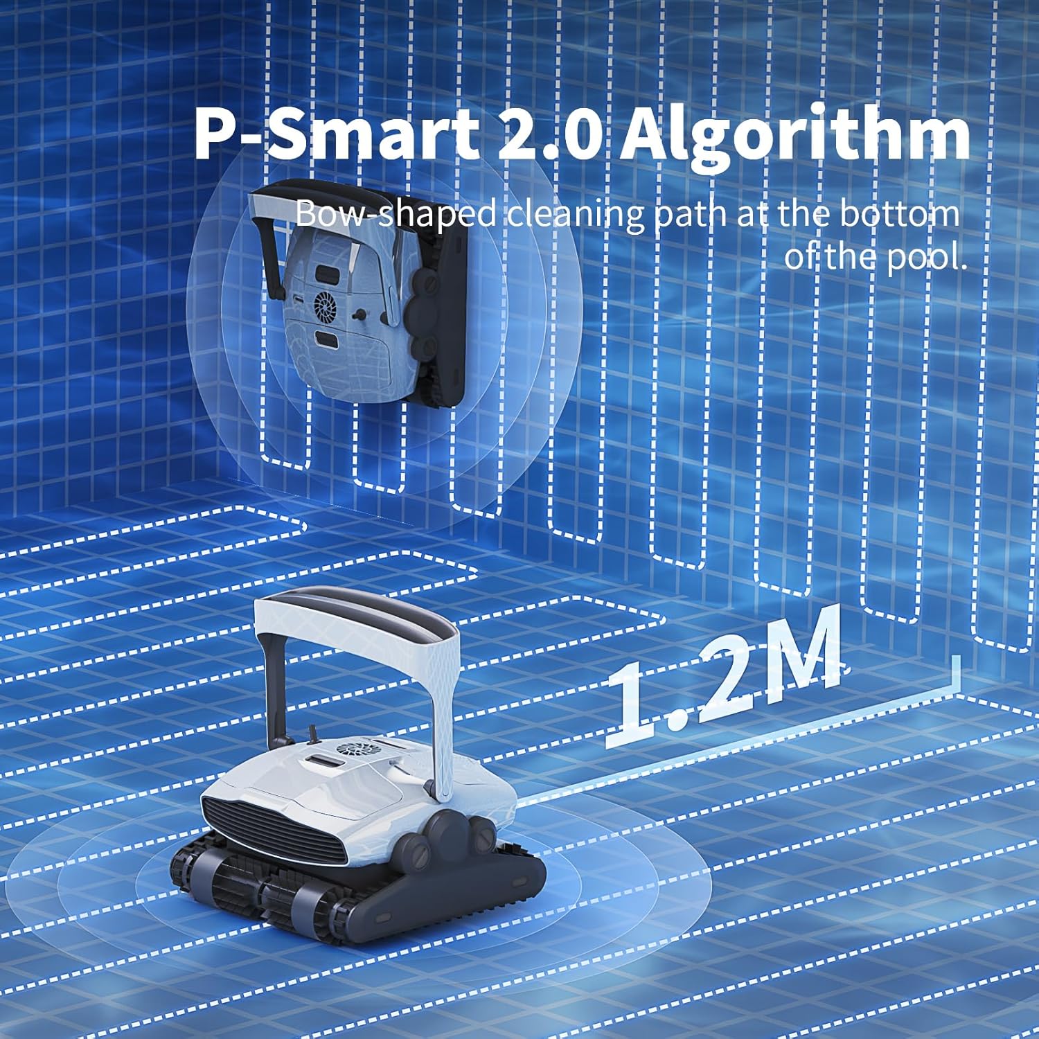 Diagram illustrating the P-Smart 2.0 Algorithm's bow-shaped cleaning path in a pool