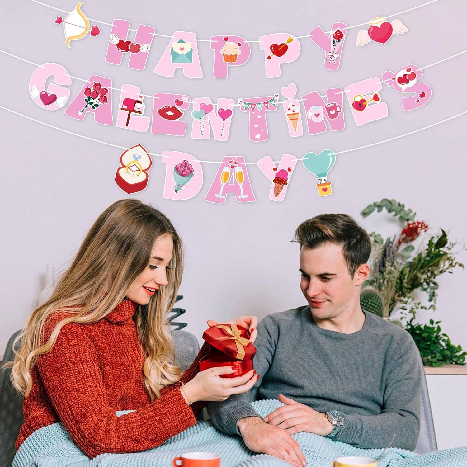 Happy Galentine's Day Banner Pink Galentine’s Day Garlands Decorations with Heart Valentines Day Banner for Girls Ladies Friends Galentines Day Decoration