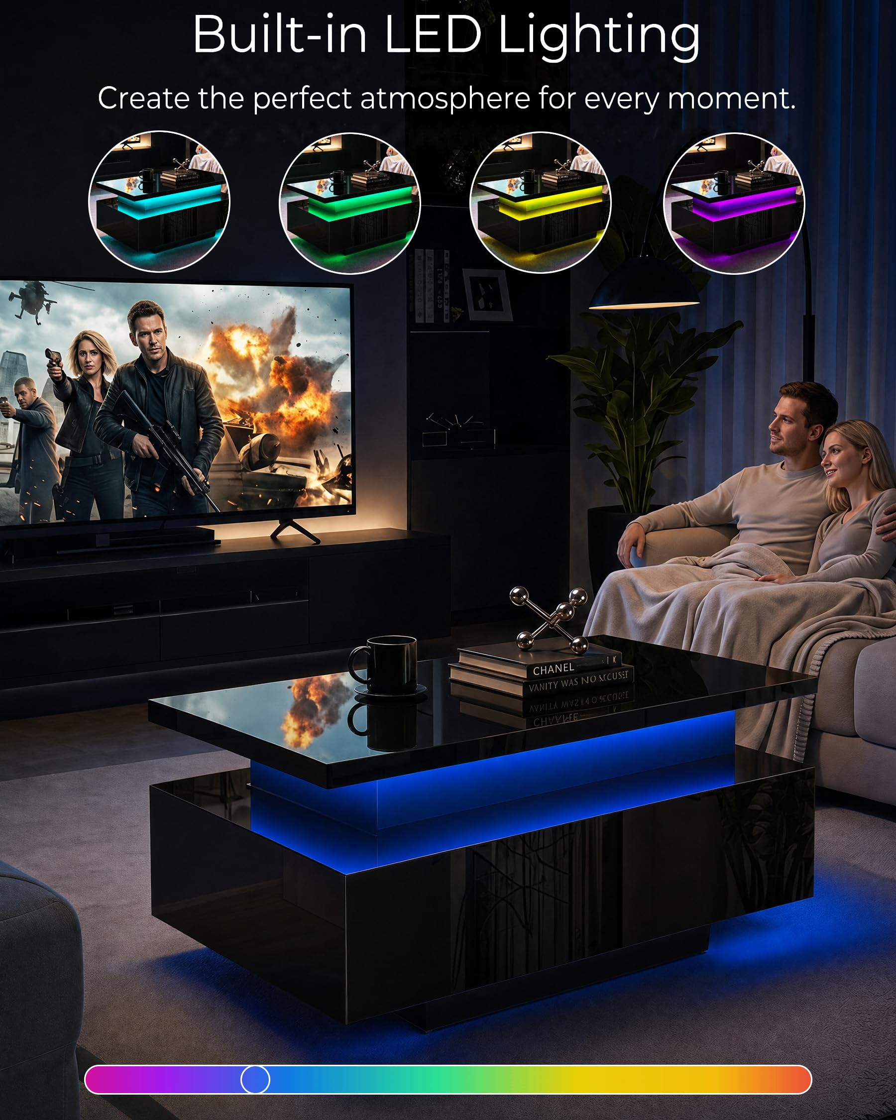 Mesa de Centro Elevable y Extensible Negro con Almacenaje y Luz LED Moderna para Salón