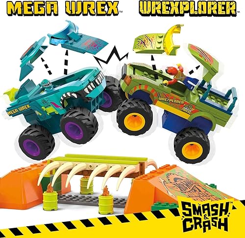 Miniatura 2 de Mega Hot Wheels Monster Trucks - Juguete de construcción, Smash & Crash Wrex Boneyard Stunt Course con 332 piezas, 2 figuras y 2 rampas, niños a