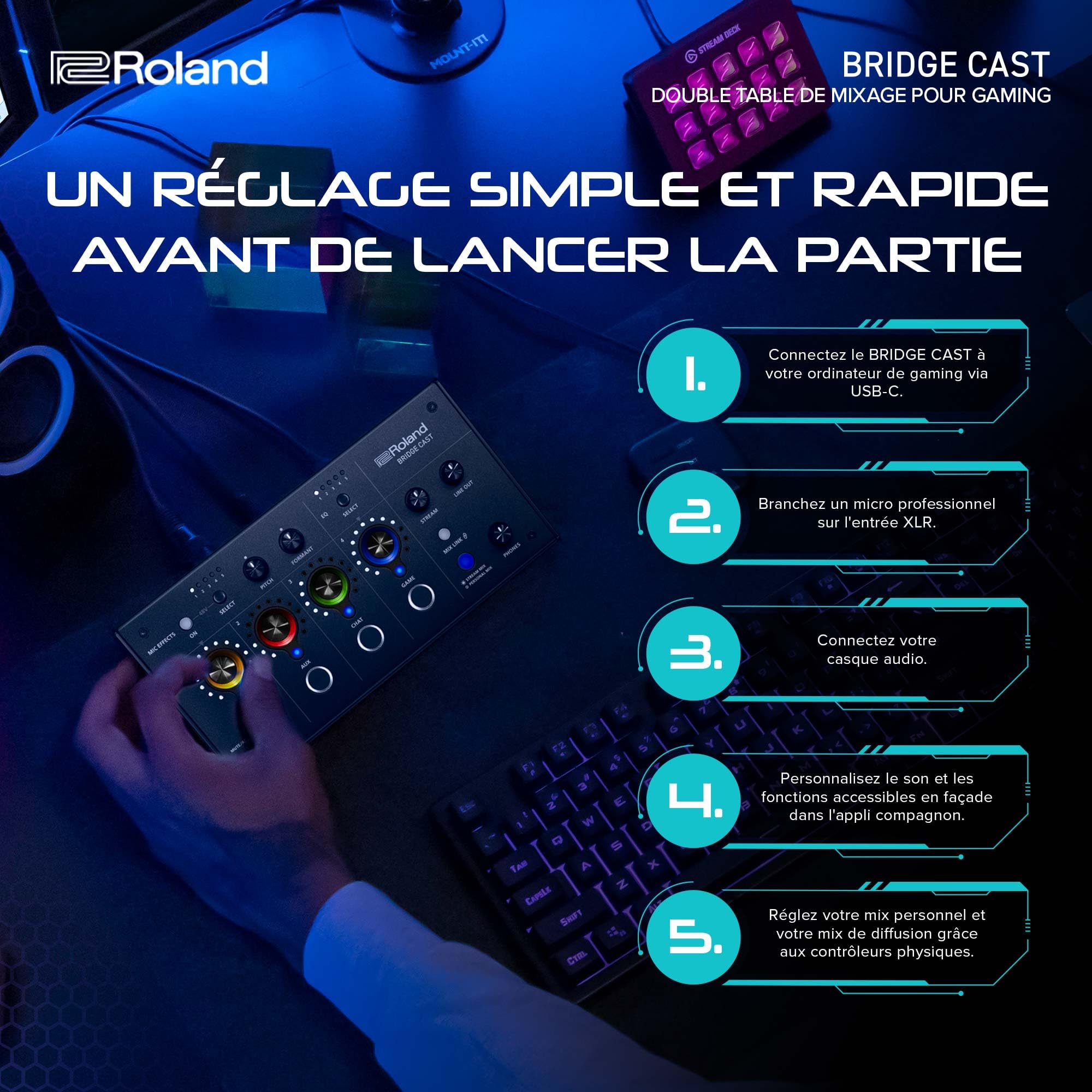 Roland Double table de mixage de gaming BRIDGE CAST | Interface de streaming audio professionnel et table de mixage pour joueurs en ligne | DSP matériel 32 bits | Noire