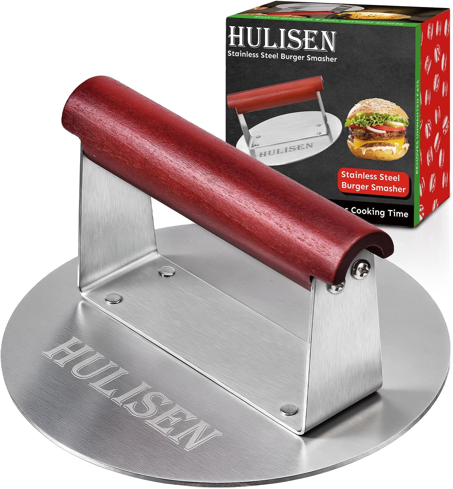 HULISEN 6.2" Stainless Steel Smashed Burger Press with Extra Wide Heat-Resistant Wood Handle, Burger Smasher for Flat Top Griddle, Grill, Skillet, Cast Iron Pan, Hamburger Cooking Accessories