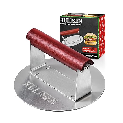 HULISEN 6.2" Stainless Steel Smashed Burger Press with Extra Wide Heat-Resistant Wood Handle, Burger Smasher for Flat Top Griddle, Grill, Skillet, Cast Iron Pan, Hamburger Cooking Accessories