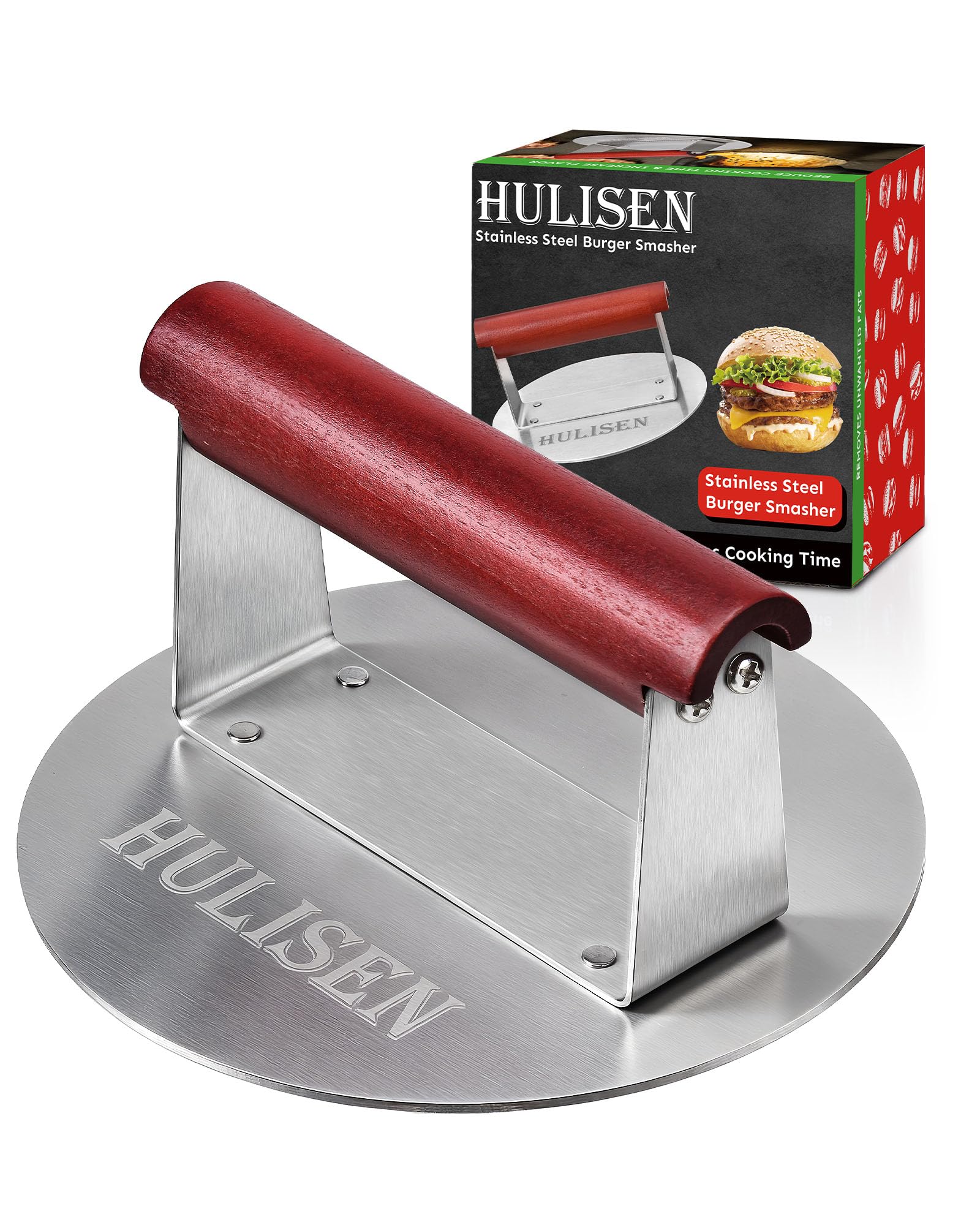 HULISEN 6.2" Stainless Steel Smashed Burger Press with Extra Wide Heat-Resistant Wood Handle, Burger Smasher for Flat Top Griddle, Grill, Skillet, Cast Iron Pan, Hamburger Cooking Accessories
