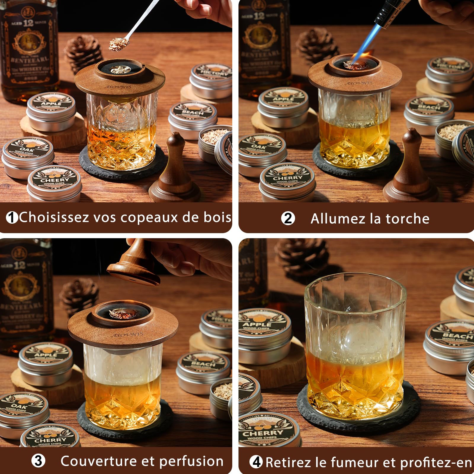 Kit fumoir à Whisky avec Torche – 6 Saveurs de copeaux de Bois, 2 Verres, 6 Pierres, kit d'infusion à Cocktail, Boisson Ancienne, Cadeau d'anniversaire pour Homme, Papa (sans Butane) (Ébène)