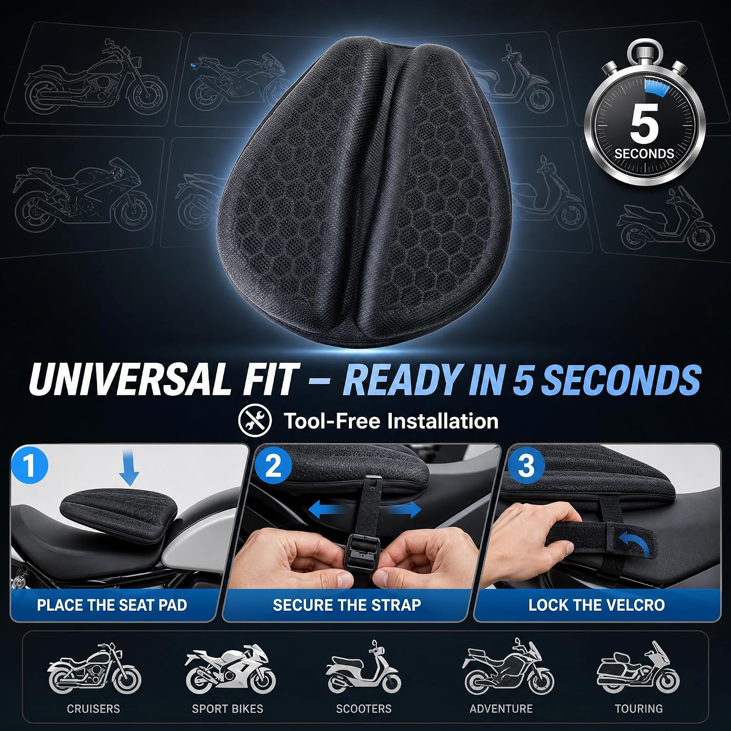Hexrider Motorcycle Seat Cushion with Cover, 3D Honeycomb Cooling Gel Pad for Long Rides, Universal Non-Slip Shock Absorbing Seat Cover for Motorcycle Accessories, Foldable Breathable Cushion.