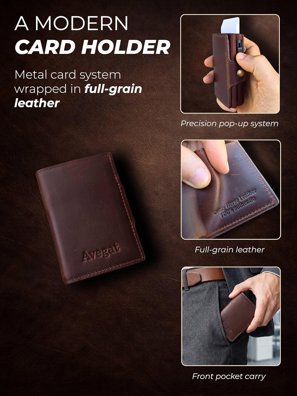 AVEGAT-Card Holder Wallet for Men, RFID Blocking Full-Grain Leather Wallet with Metal Pop-Up, Front Pocket Carry, Compact Everyday Design – Classic Brown