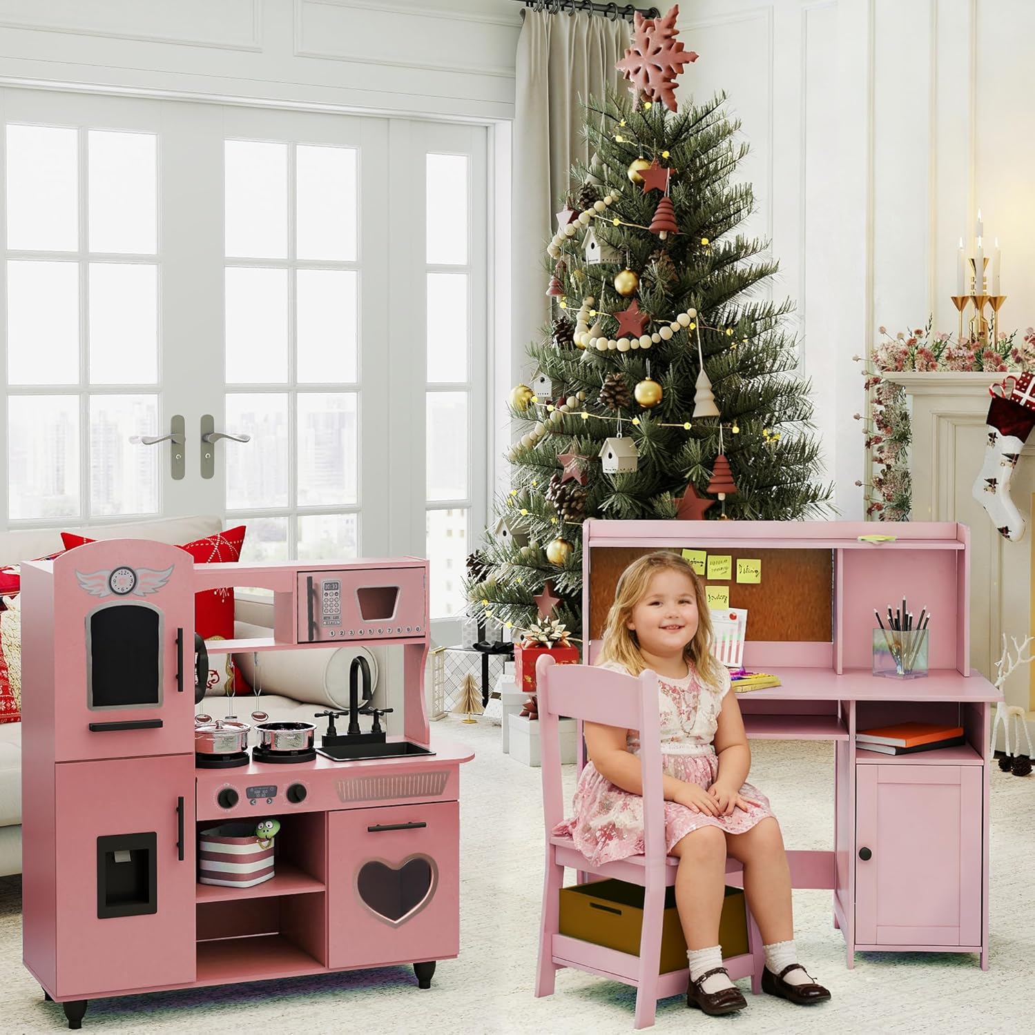 TaoHFE Pink Toddler Furniture Set:Kids Wooden Table and Chair Set with Kids Wooden Play Kitchen Set for Girls Playset Gift