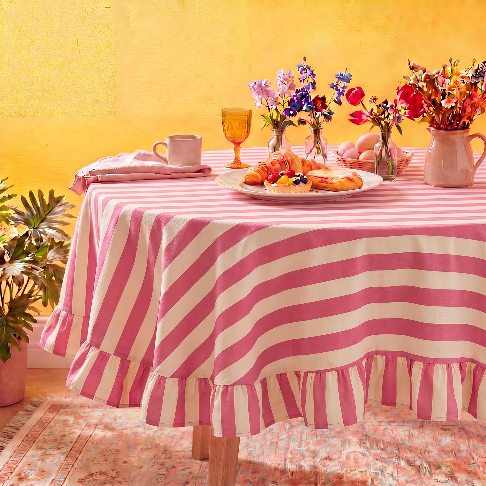 Photo 1 of Tudomro 1 Pcs Ruffle Edge Striped Tablecloth, 60'' Scalloped Table Cover, Farmhouse Linen Fabric Cloth for Round Table, Dining Room Bridal Shower Wedding Holiday Party(Cedar Rose, Cream)