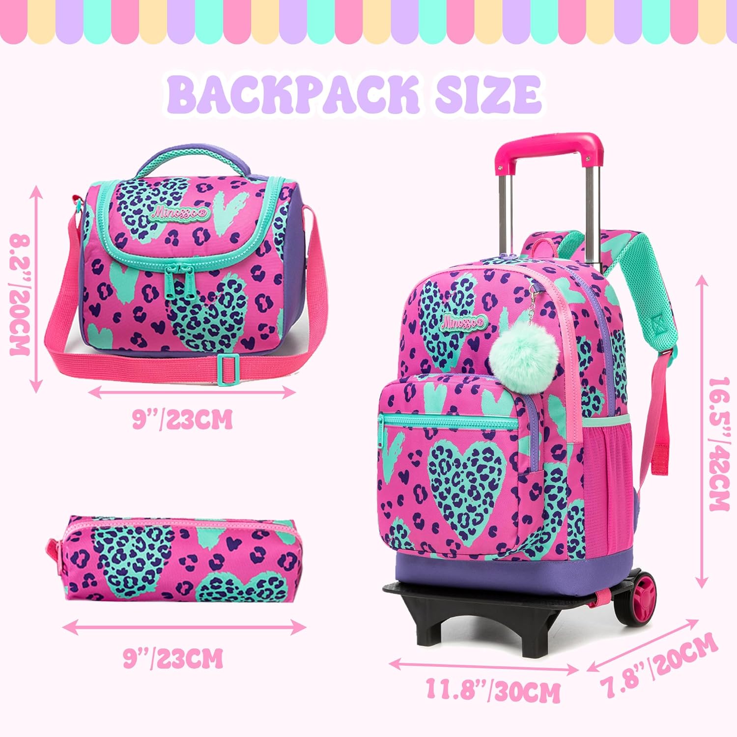 Girls Rolling Backpack for School Backpack with Wheels for Girls with Lunch Bag Cute Carry On Backpacks for Elementary Student
