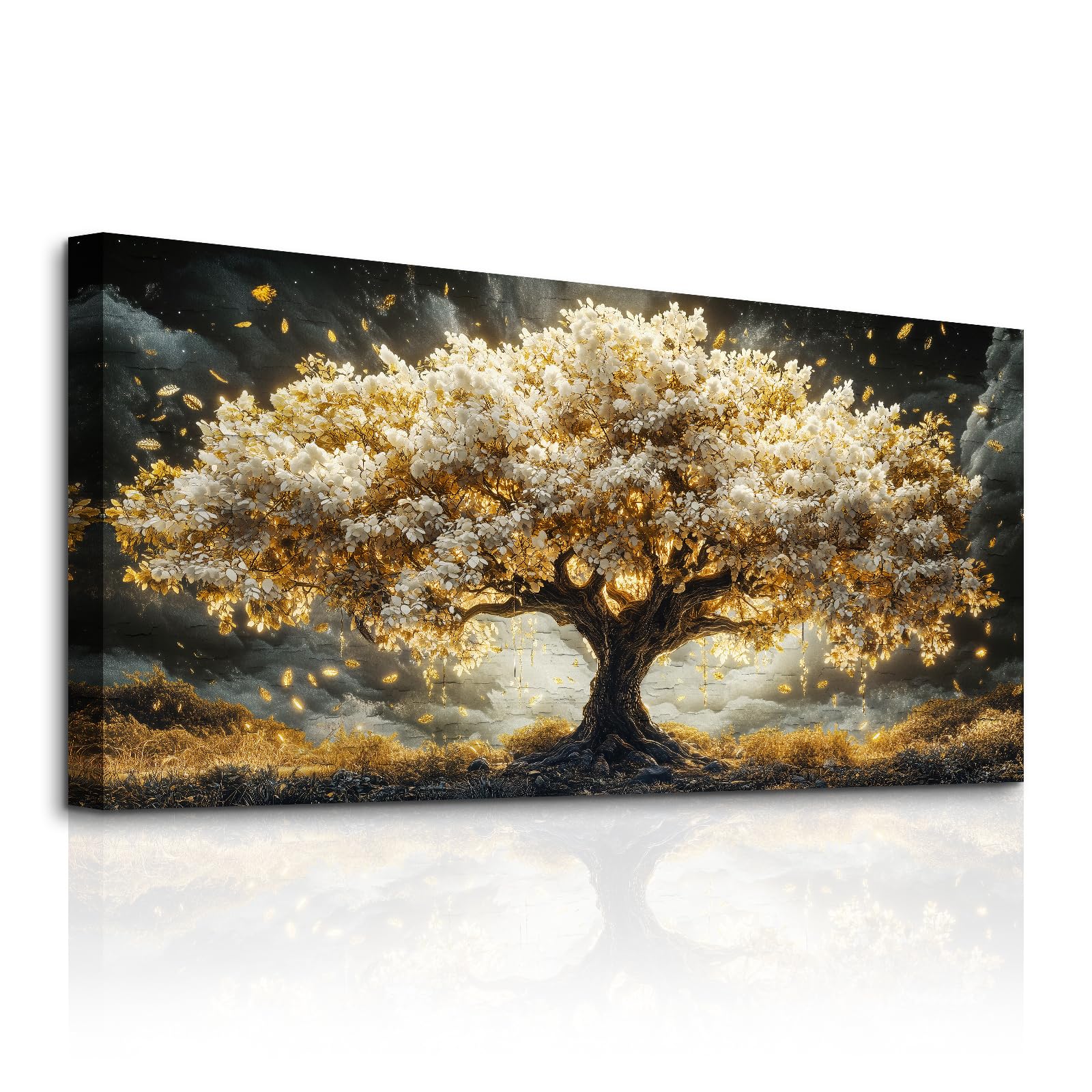 JHHUAMO Tableau Décoration Murale Arbre de Vie Doré Salon Chambre 73x146 cm | Tableau Nature, Impression Haute Définition, Installation Facile, Artisanat Exquis, Polyvalent