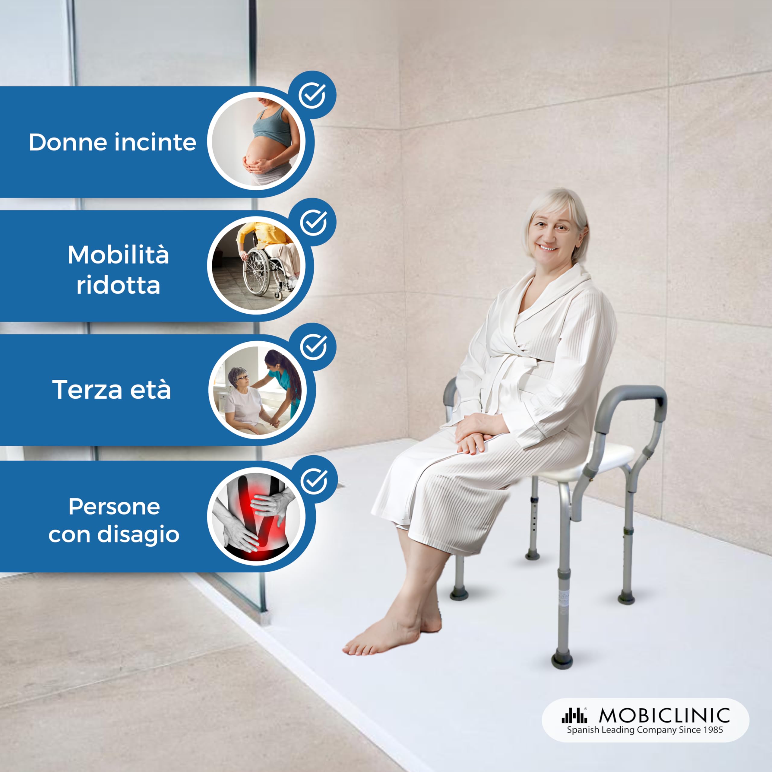 Mobiclinic®, Sgabello Doccia, Altezza Regolabile, Acueducto, Sgabello da Bagno, Puntali Antiscivolo, con Braccioli, MAX. 100 kg, Alluminio, Bianco