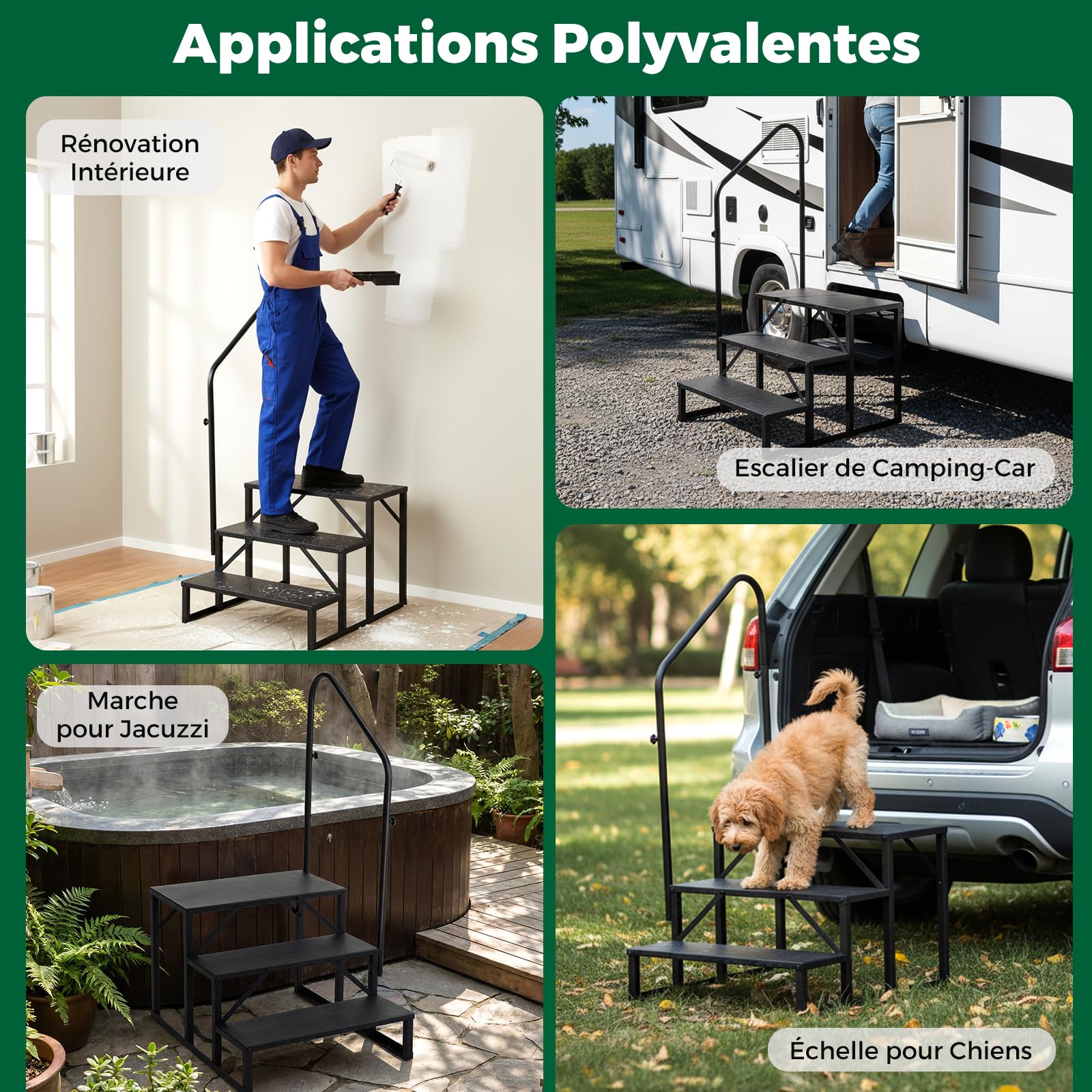 COSTWAY Marchepieds pour Camping-Cars 3 Marches avec Main Courante, Escabeau avec Larges Plateformes Antidérapantes, Escalier pour Porche Maison Mobile Piscine, Charge 300 kg
