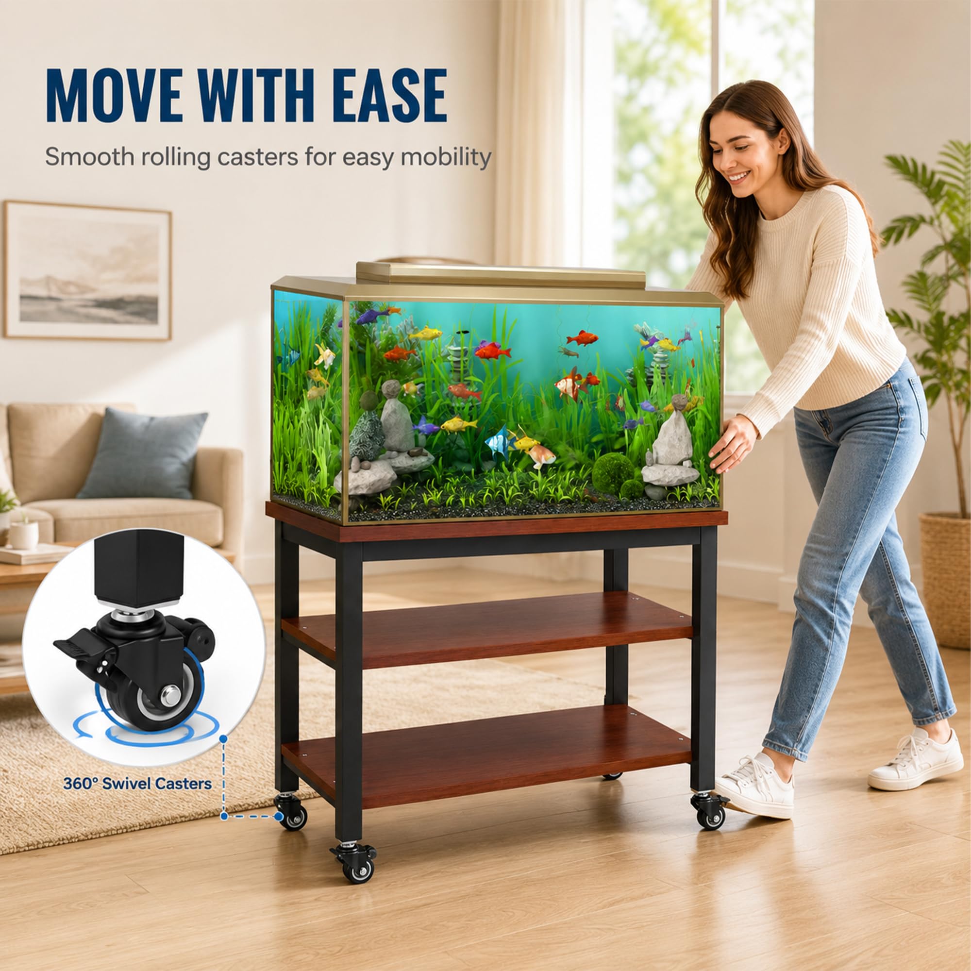 JSWHYBD Mueble soporte pecera terrario resistente con ruedas | Mesa doble nivel almacenamiento para peces tortugas reptiles, exhibición salón oficina dormitorio(G,150L)
