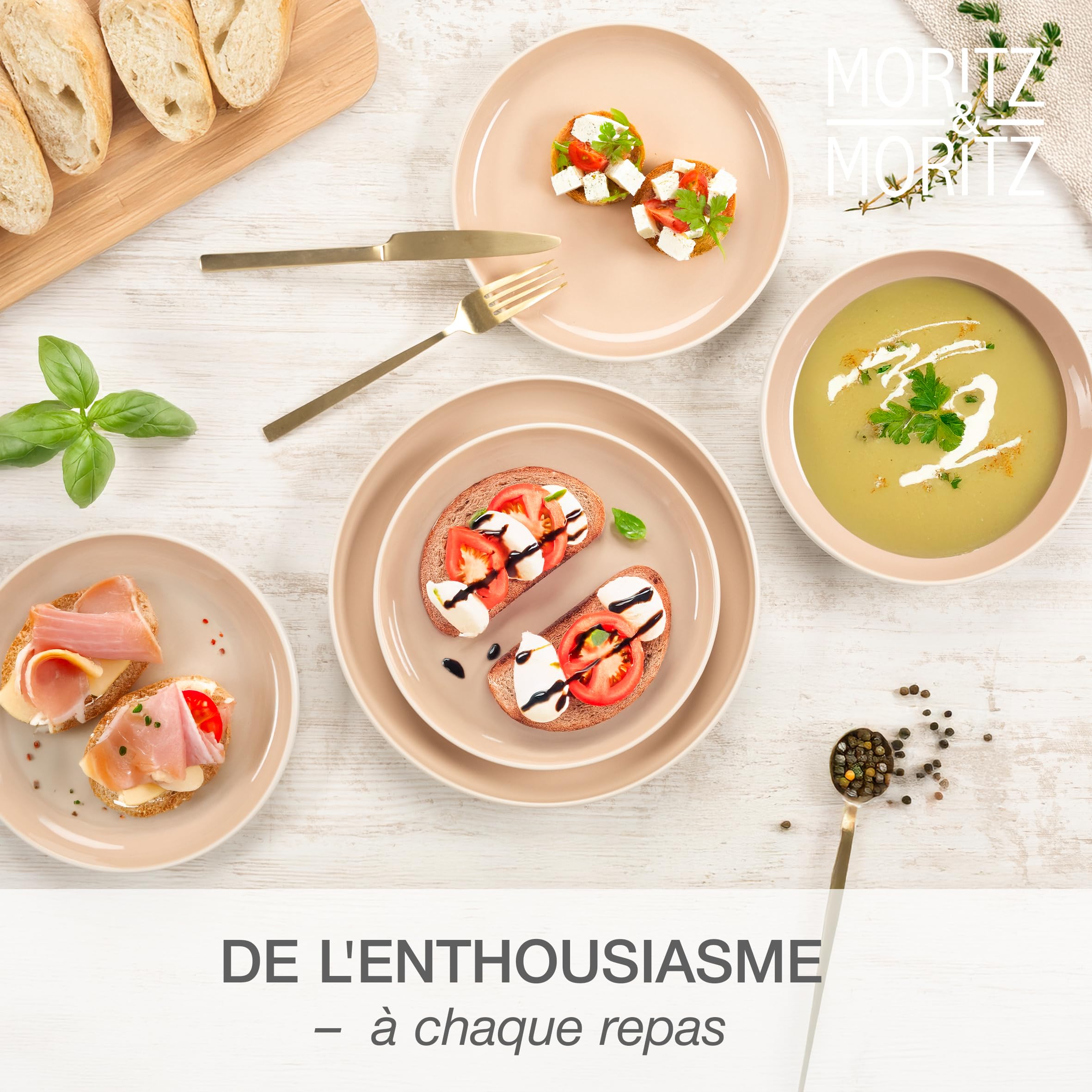 Moritz & Moritz CAVO Service de table 18 pièces pour 6 personnes Almond – Assiettes en grès – Service de table moderne avec assiettes plates, assiettes à dessert et bols à soupe – Élégant et robuste