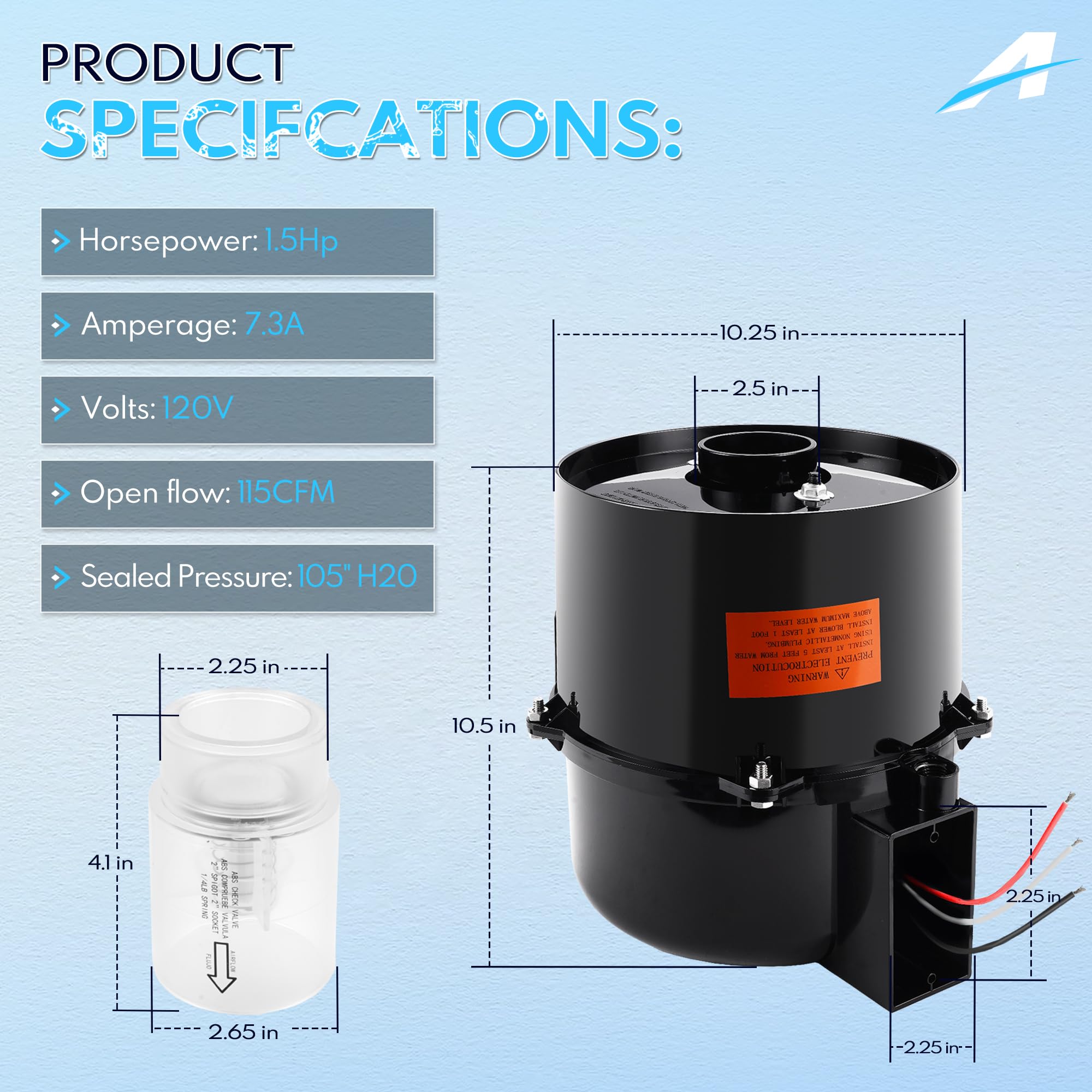 6315141 Soplador de spa silenciador de 1,5 HP para piscina y spas de 1,5 HP 120 V 7,3 A; para uso con fontanería de 2 pulgadas.