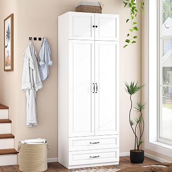 Armoire Wardrobe Closet with Drawers 31.5" Large Wood Wardrobe Closet with 2 Doors and 2 Drawers, Modern Clothes Storage Cabinet for Bedroom Armoire with Shelves White, 31.5"