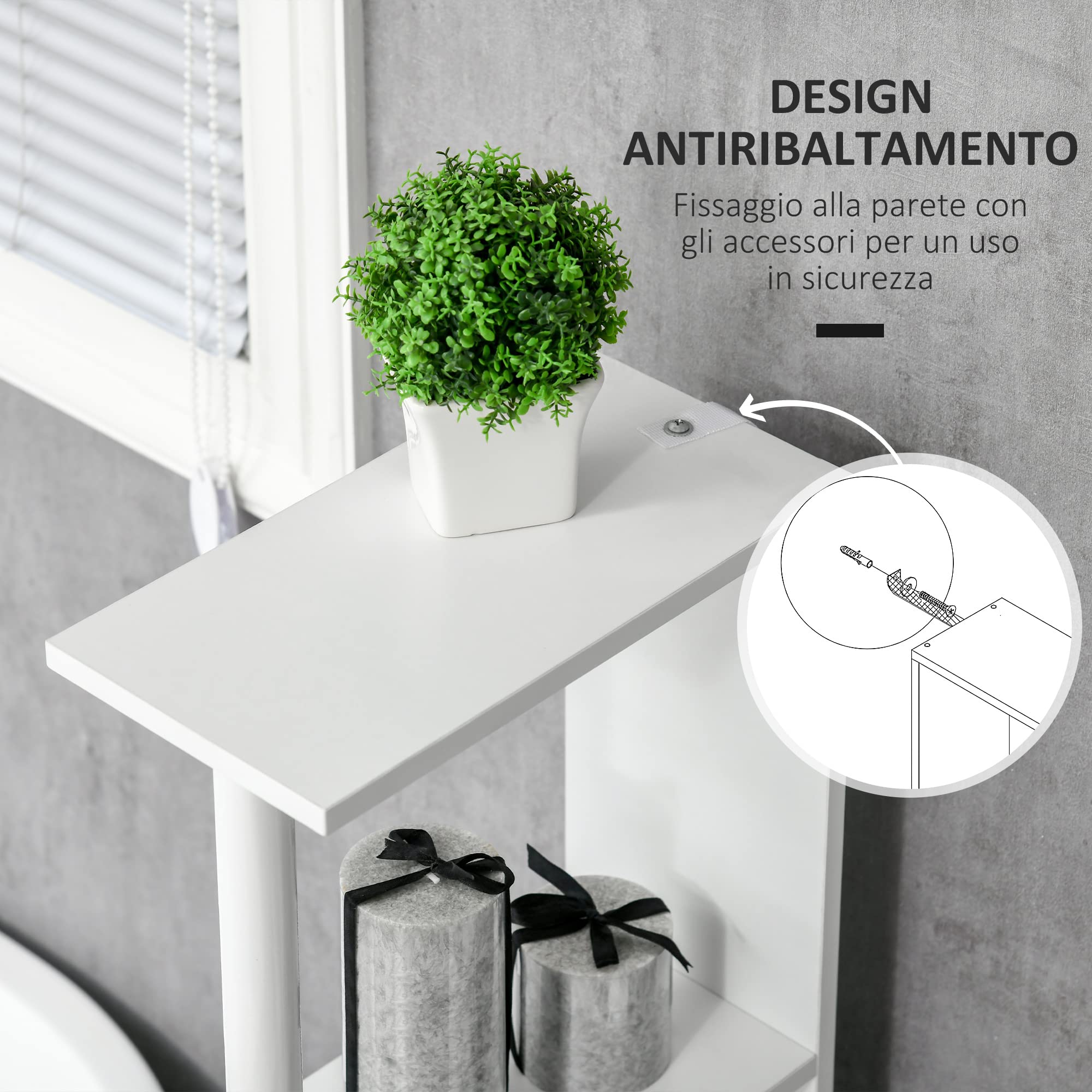 kleankin Mobiletto Bagno Salvaspazio a Colonna con 2 Ripiani e 2 Armadietti, Colonna Bagno in Legno per Salotto, Soggiorno, 15.2x29.8x118 cm, Bianco