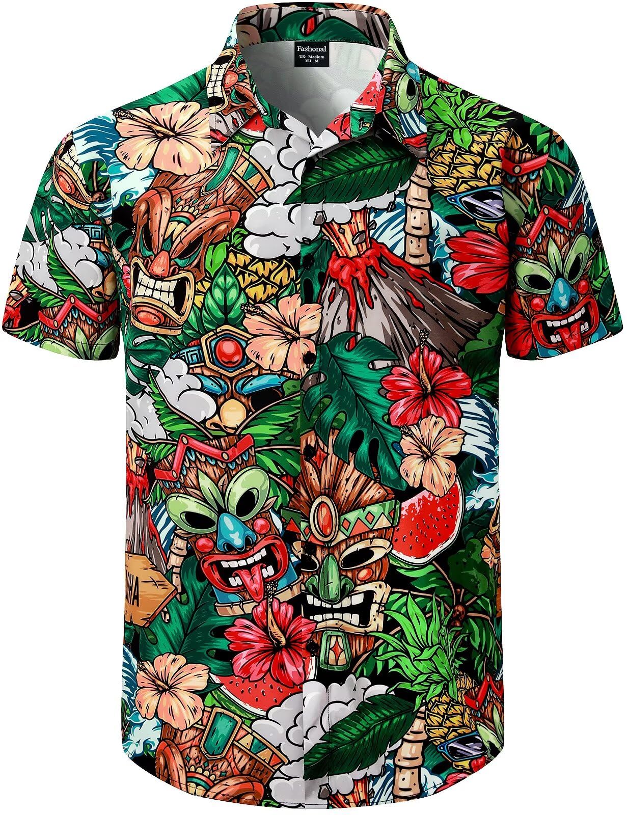 Fashonal Men's Tiki Hawaiian Shirt Button Down Tropical Beach Short Sleeve Aloha Shirt, Large