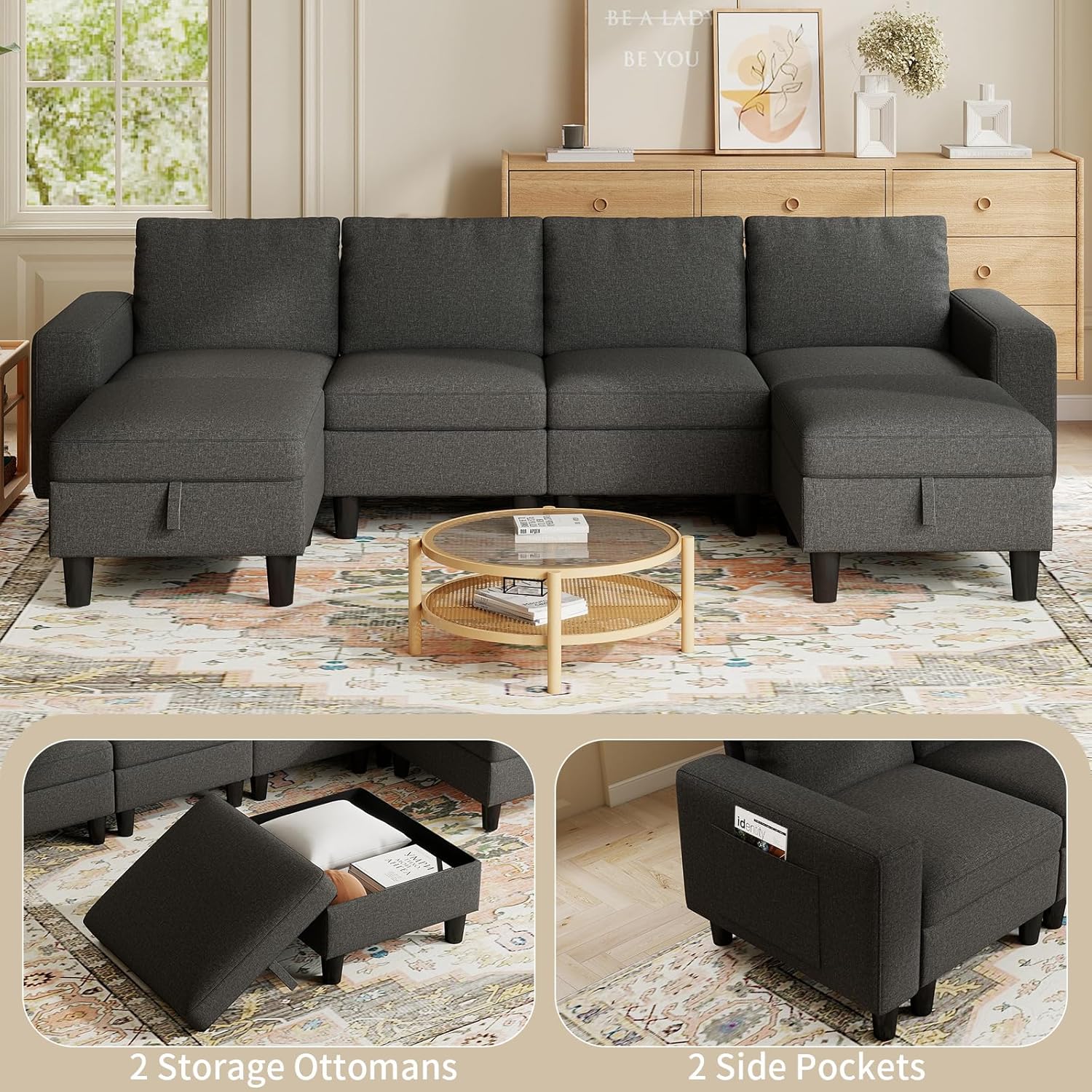 Modular Sectional Couches for Living Room, 110" U Shaped Sectional Sofa Couch with Adjustable Backrest, 6 Seat Linen Cloud Couch Sectionals with Storage Ottoman for Apartment (Dark Grey)