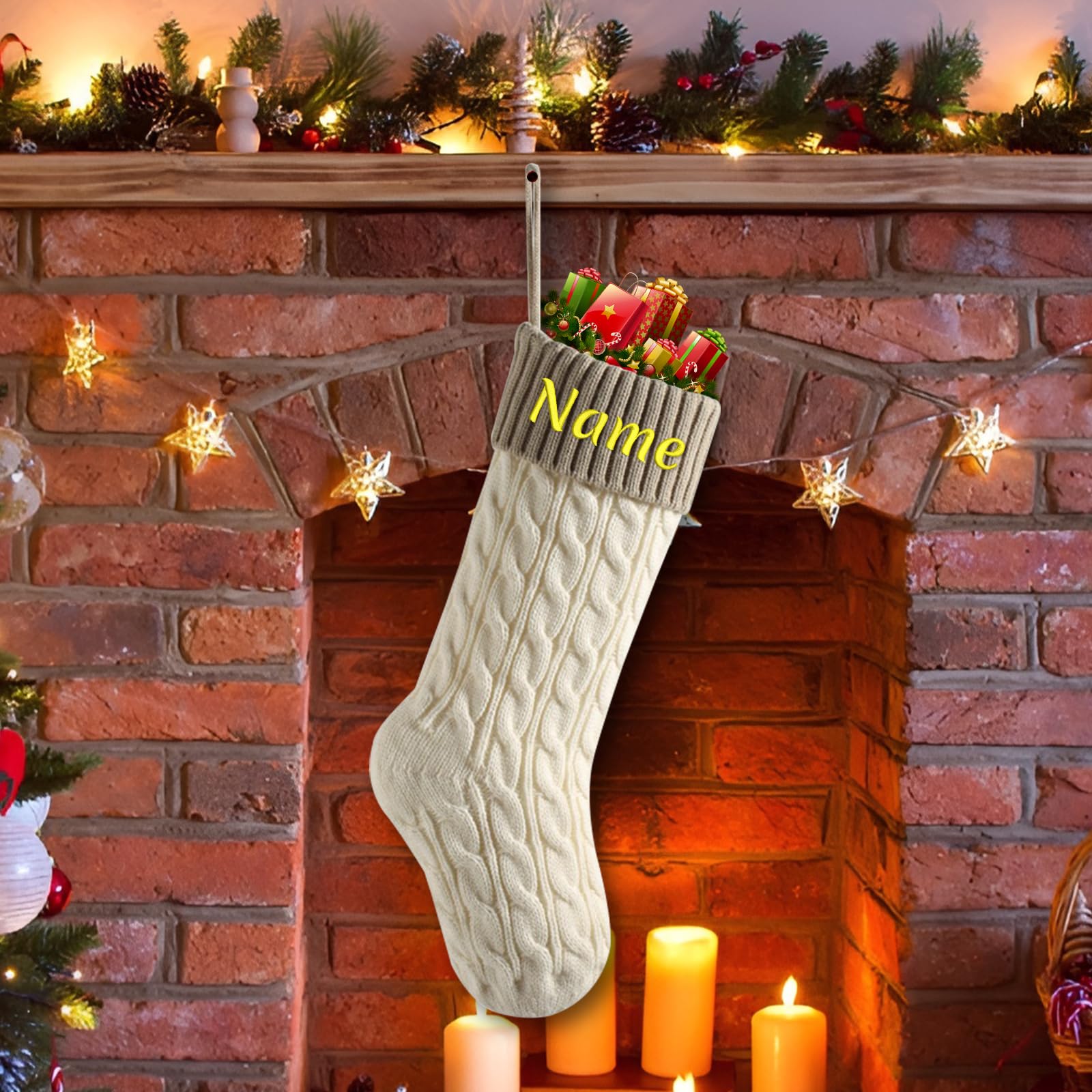 TAISGONGBY Personalized embroidered Christmas stockings, custom name family Christmas stockings, large knitted Christmas stockings for kids, holidays and fireplace party decorations