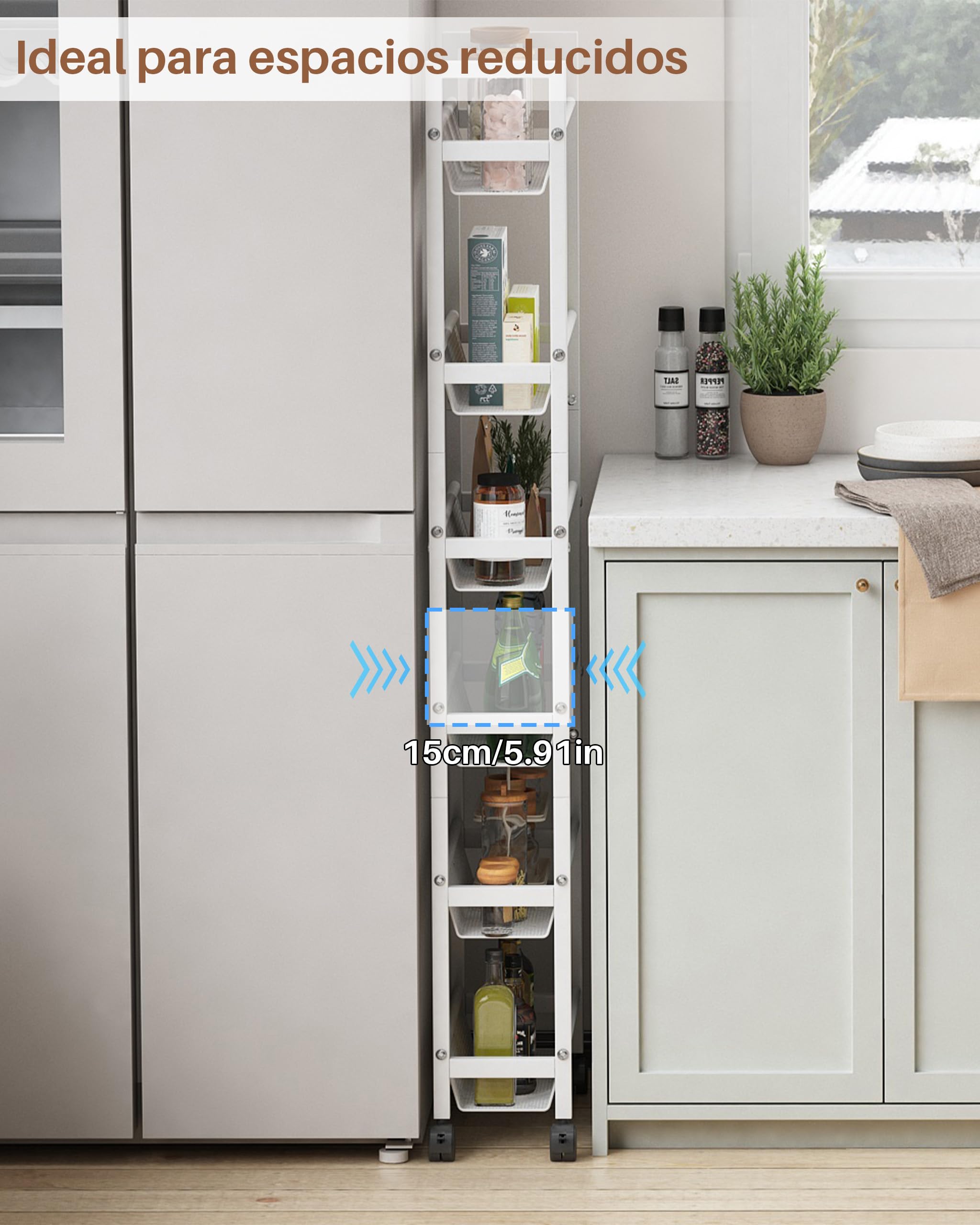 Ccarrito Cocina Estrecho con Ruedas,Carrito de Cocina 15 cm Ancho | 6 Niveles, Metálico, Ahorra Espacio, Blanco, Móviles Carro de Almacenamiento para Espacios Pequeños Baño Lavadero