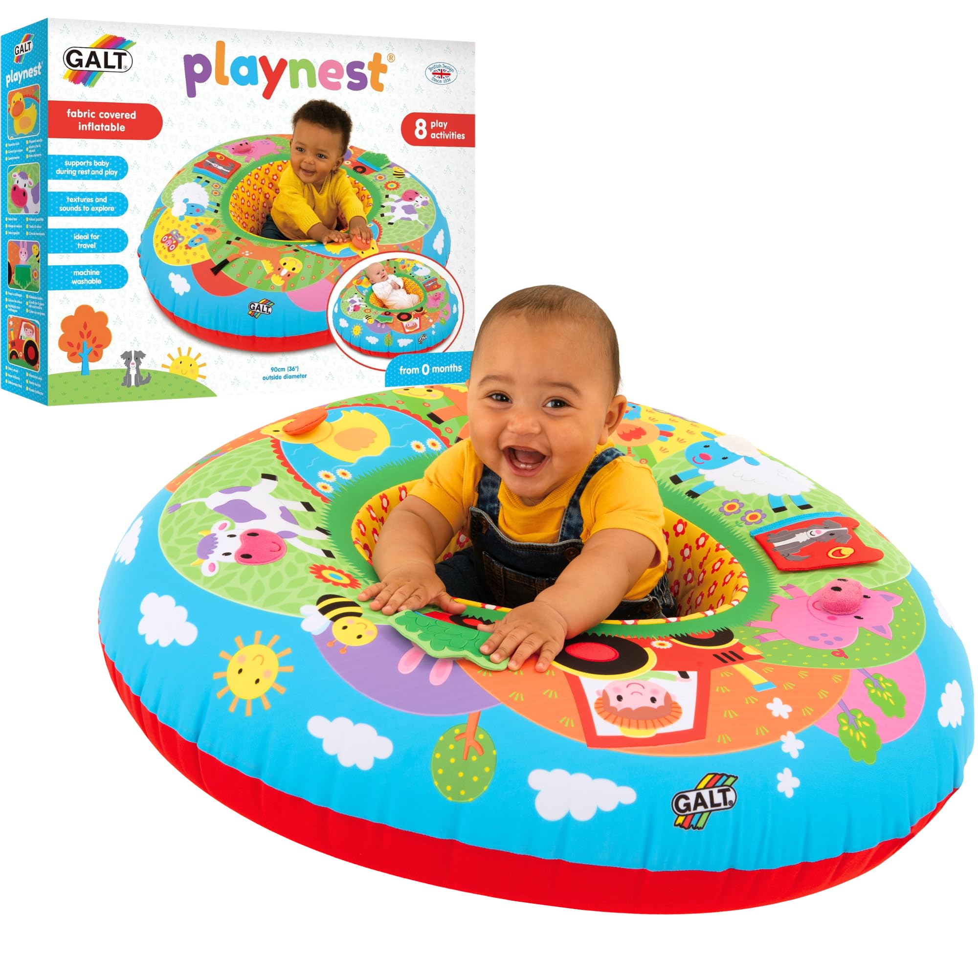 Galt Playnest, Farm - Baby Sit Me Up with Inflatable Ring, Head and Neck Support, 8 Sensory Activities,100cm Diameter and Machine Washable Cover - Easy Travel, Suitable from Birth - Ages 0 Months Plus
