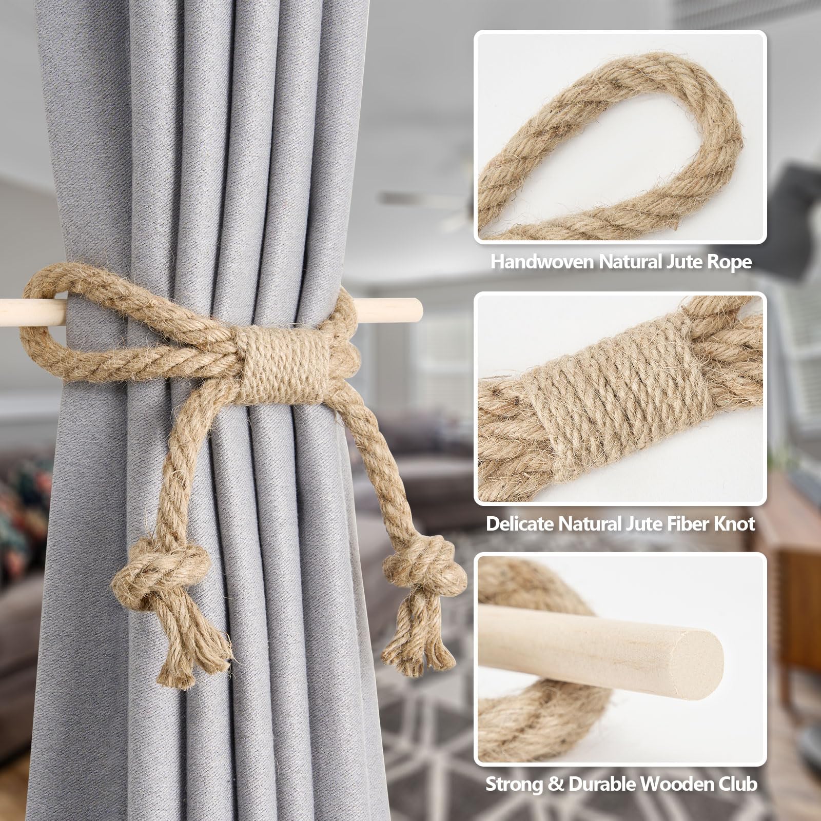 Pretty Jolly 2 Pack Natural Jute Rope Curtain Tiebacks Boho Rustic Style Decorative Drape Tie Backs Farmhouse Hand-Woven Curtain Holdbacks with Wood Club for Home & Office Drapery (Jute knot) - Image 4