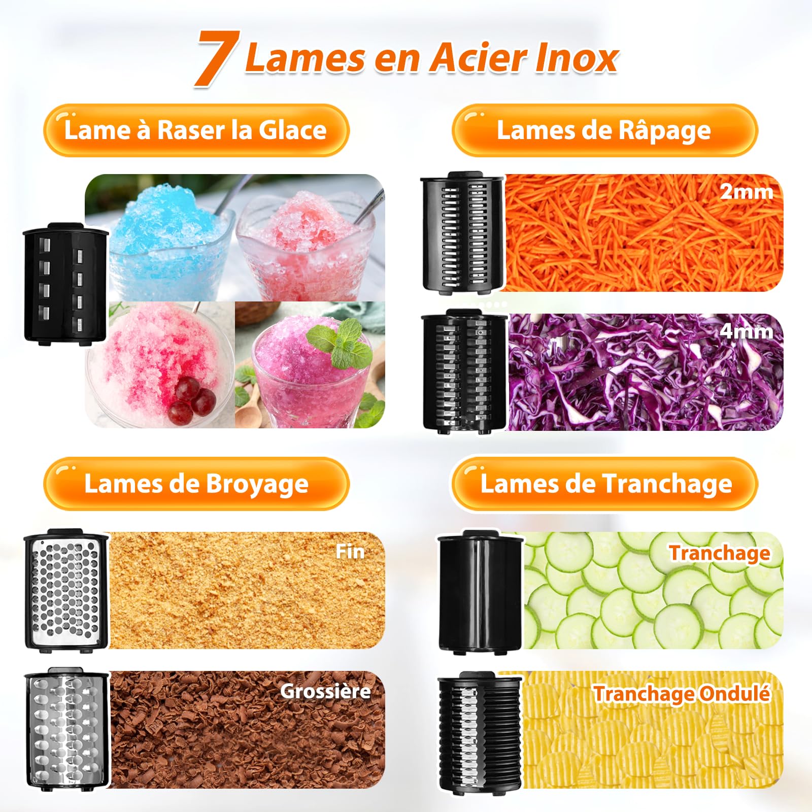 7 en 1 Coupe Légumes Électrique Broyeur à Glace Rape à Fromage Carottes Acier Inox avec 7 Lames 250W Trancheuse de Légumes Professionnel de Cuisine Multifonctions 220V Fiche UE