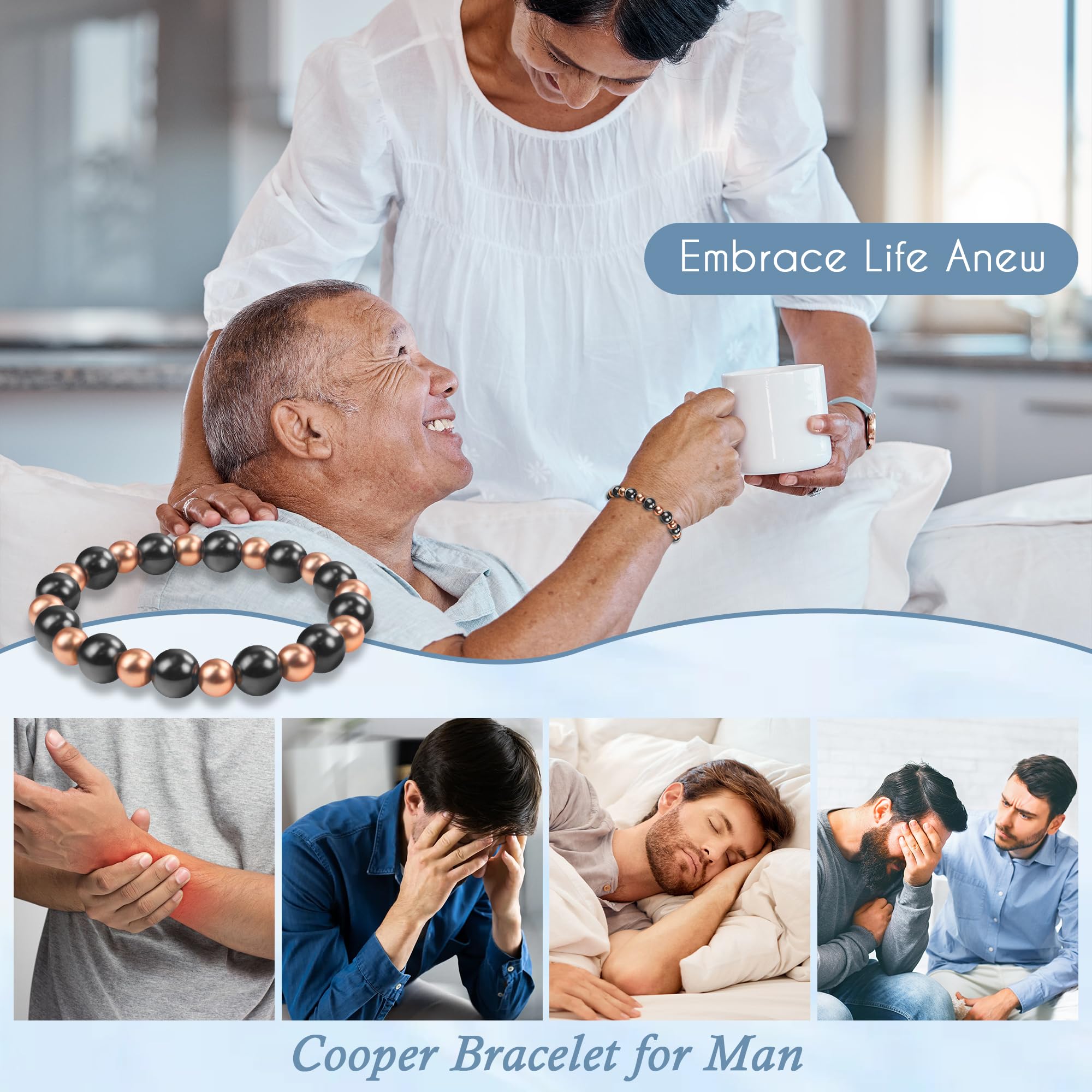 PEALICIOUS Pulseras de cobre para hombre 99.9% cobre puro con 3800 Gauss, pulseras elásticas para hombre pulseras de cuentas como regalos de cobre para él pulseras para hombres