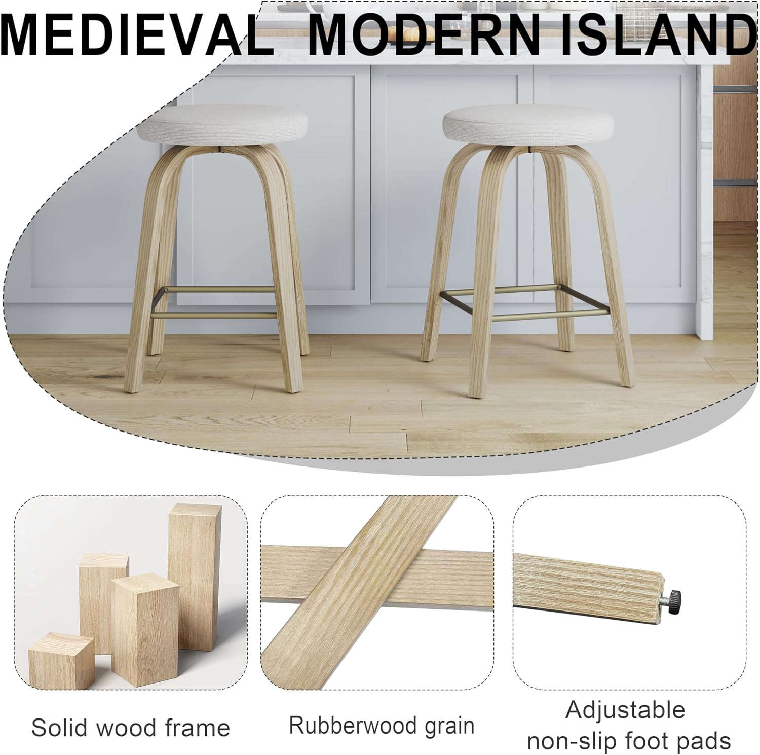 Furniliving Swivel Backless Bar Stools Set of 2, 30'' Counter Height Barstools with Sturdy Bentwood Frame, Mid-Century Modern Kitchen Island Stools for Bar, Dining Room, Beige