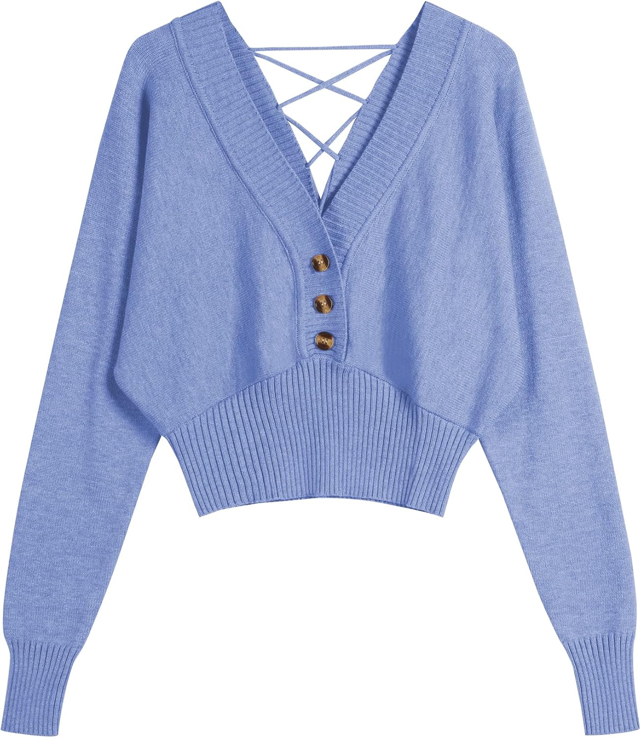 ZAFUL Women V Neck Button Knit Crop Sweaters Batwing Sleeve V Back Ribbed Hem Pullover Sweater