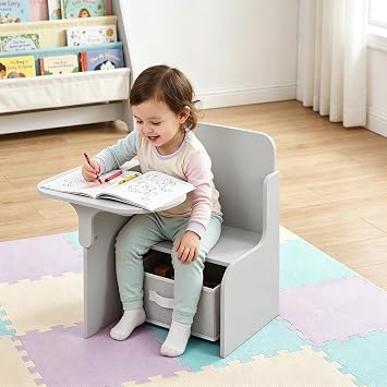 Rainbow Tree Kids Table and Chairs with Storage Bin Wooden Toddler Table and Chairs Sets 2 in 1 Children Chair Desk with Small Table for Study Activity Indoor or Outdoor Use Grey