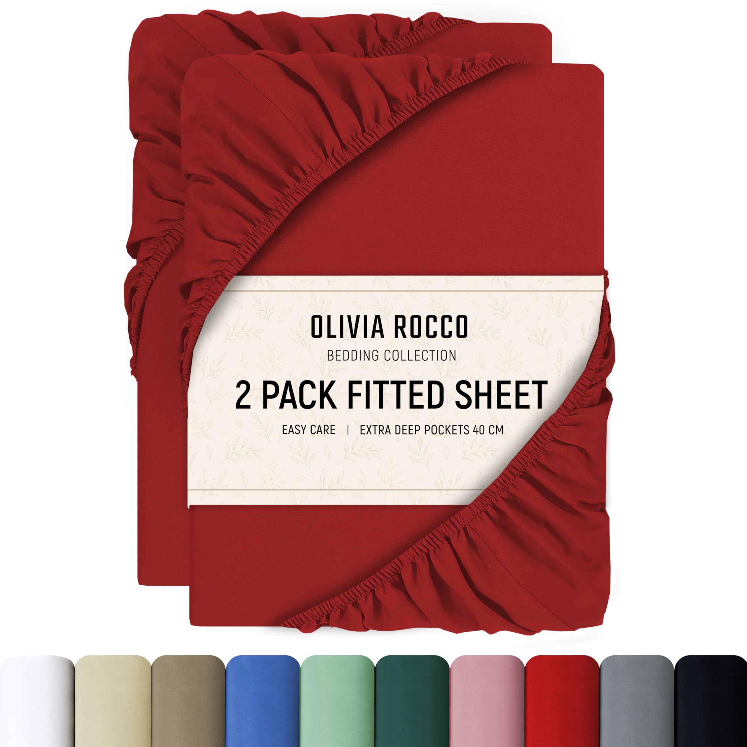 Olivia Rocco 2 PK Fitted Sheets Extra Deep Pocket 16 inch (40 cm) Soft Brushed Microfibre Fabric Shrink & Fade Resistant Easy Care Bottom Sheet, Super King Size Red