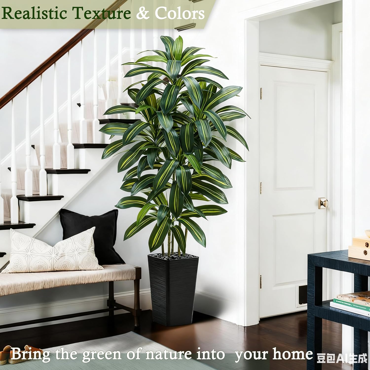 Artificial Dracaena Tree:6FT Faux Silk Tropical Yucca Floor Trees Realistic Fake Green Plant with Natural Wood Trunk & Lifelike Leaves for Home Office Decor Indoor & Outdoor (6FT,1-Pack,Black) - Image 8
