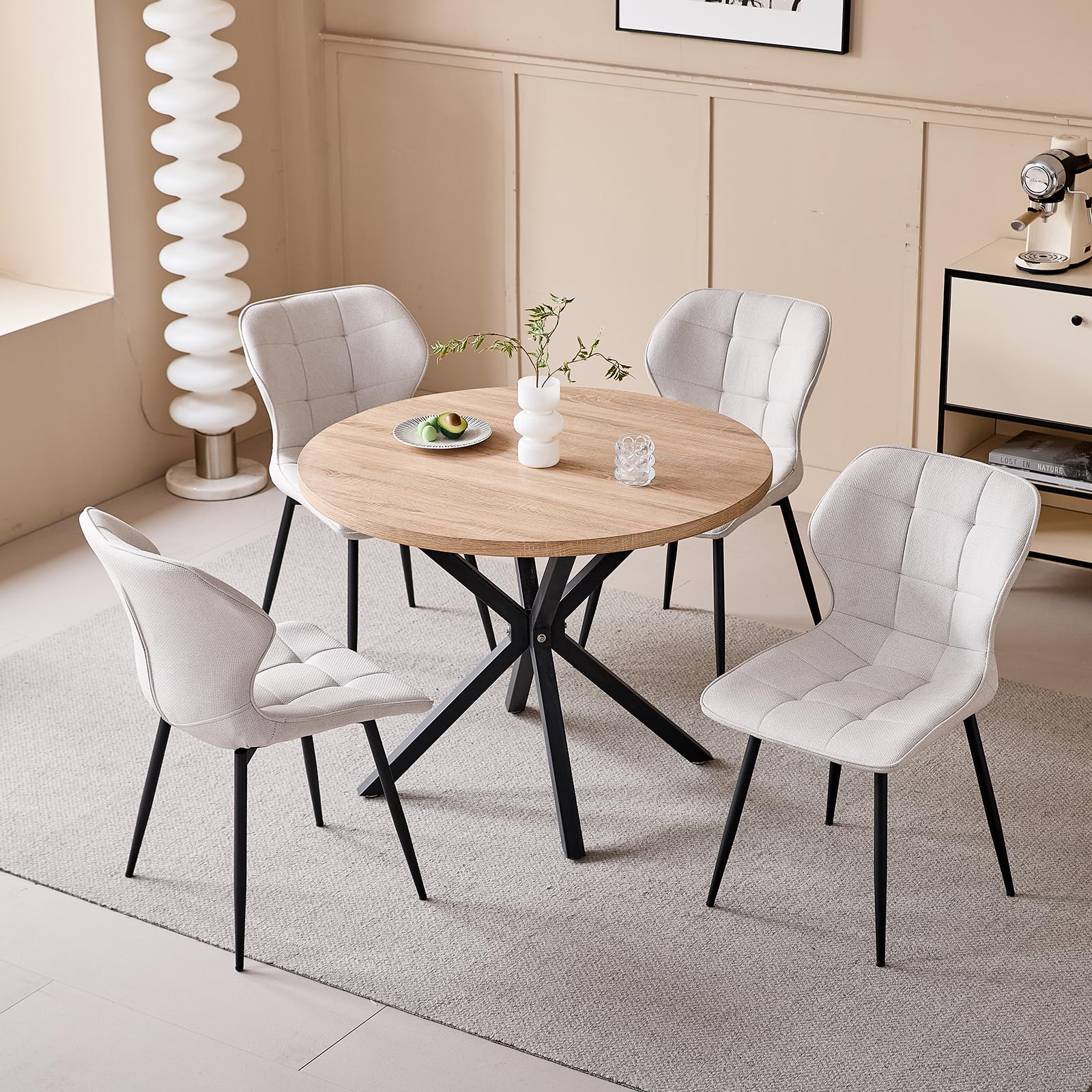 Modernes Esstisch-Set mit Stühlen, 100 cm Runder Esstisch in Heller Holzmaserung + 4 Beigefarbene Leinenstühle mit Metallbeinen