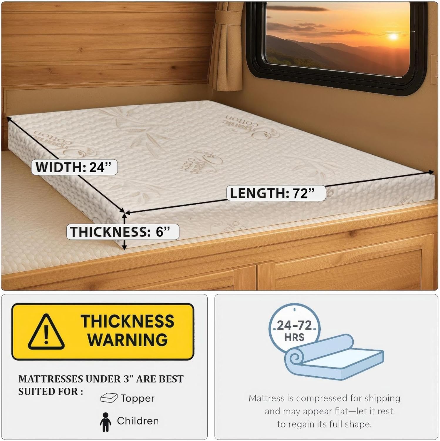 Foamma 6" x 24" x 72" Gel Memory Foam Mattress for RV with Water Resistant Organic Cotton Cover, Firm High Density Foam Base, USA Made, CertiPUR-US Certified Foam